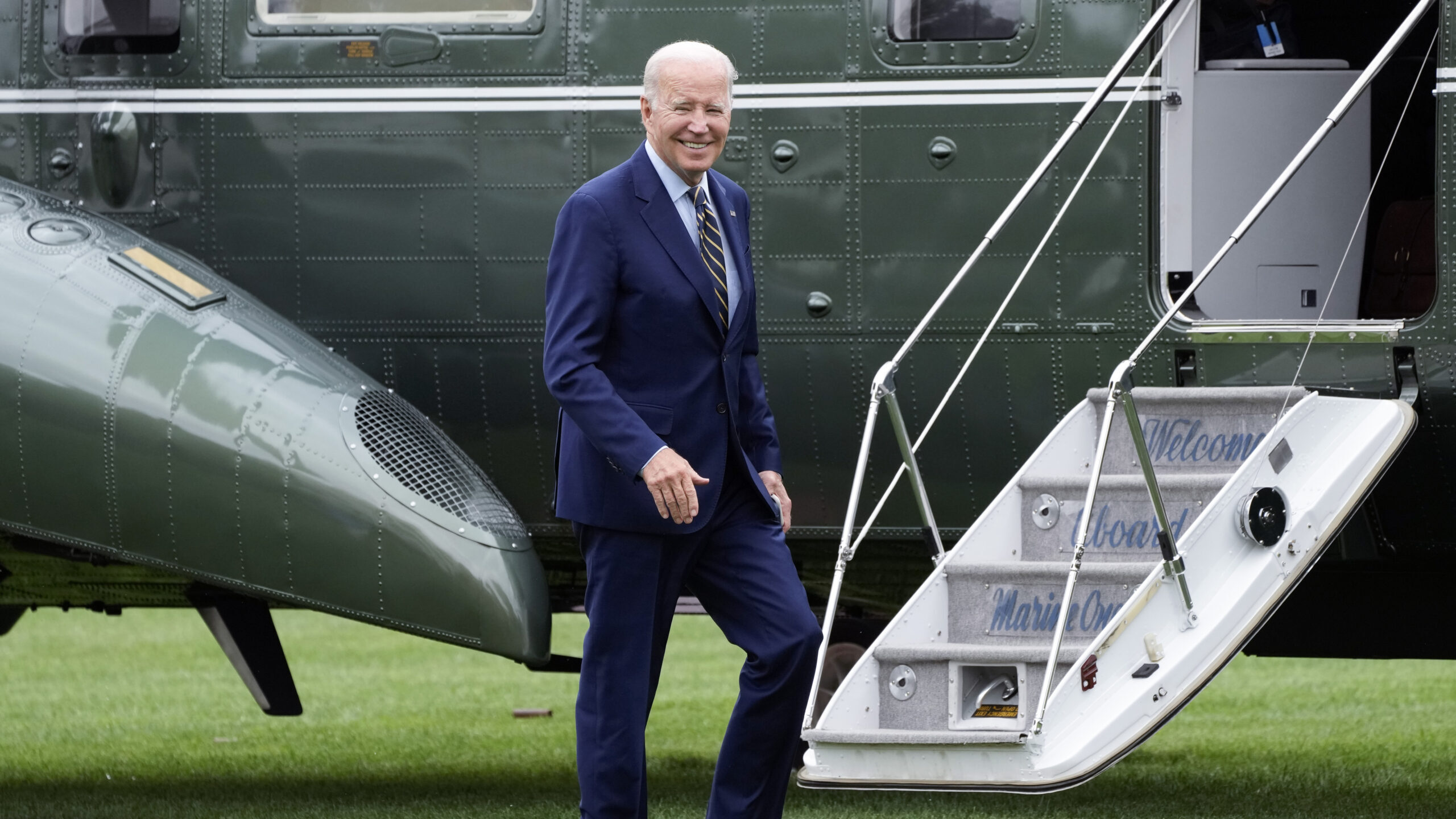 President Joe Biden arrives on the South Lawn of the White House in Washington, Monday, Aug. 7, 202...