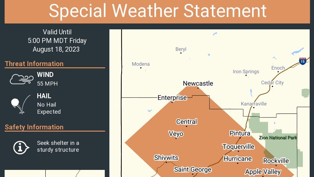Image of National Weather Service warning to residents of three southern Utah towns about the poten...