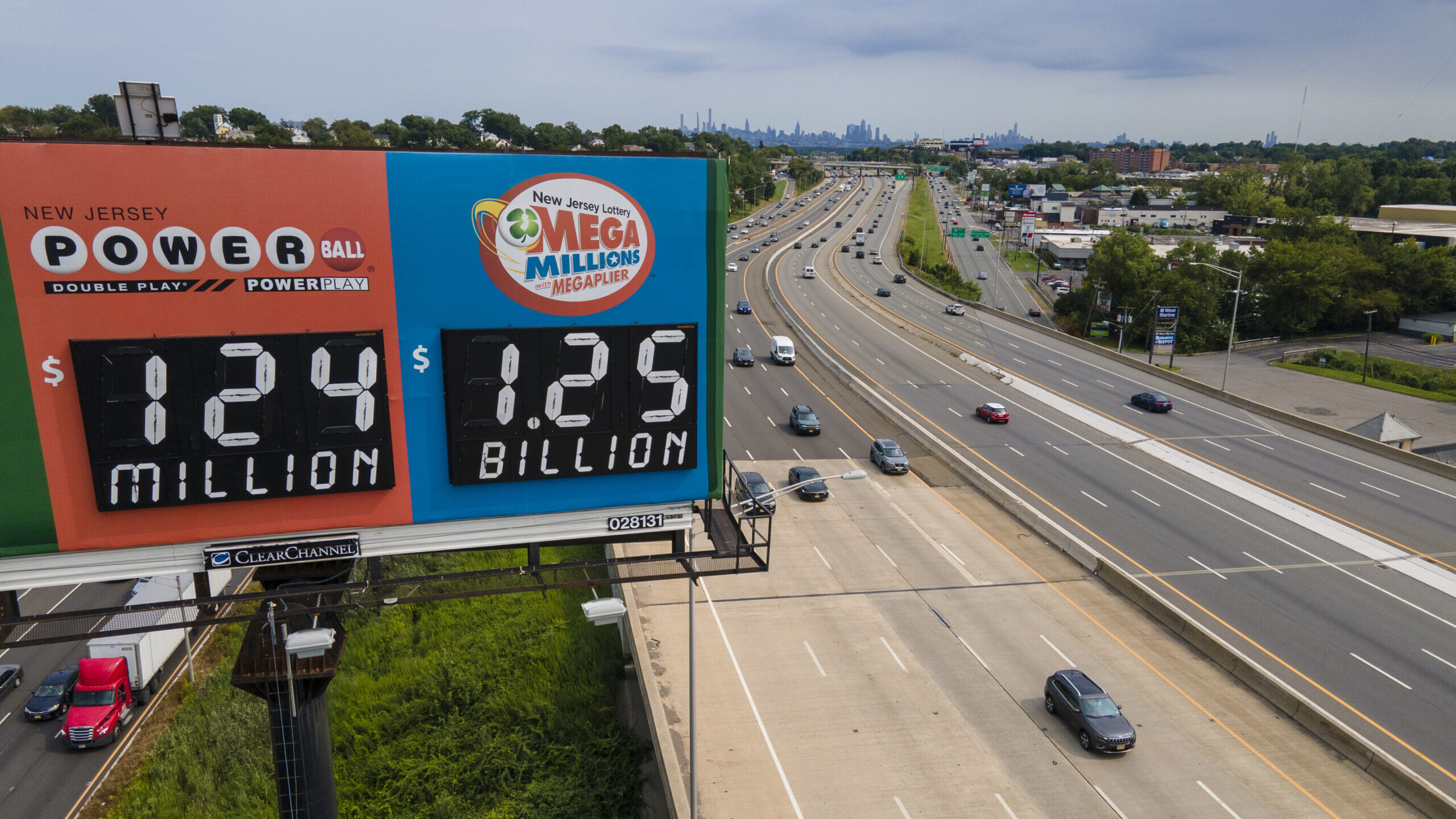 A billboard over Interstate 80 displays a Mega Millions lottery jackpot of $1.25 billion, Thursday,...
