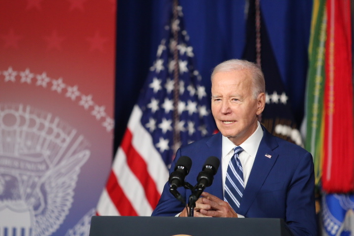 President Biden addressed a crowd at the George E. Wahlen Department of Veteran Affairs Medical Cen...