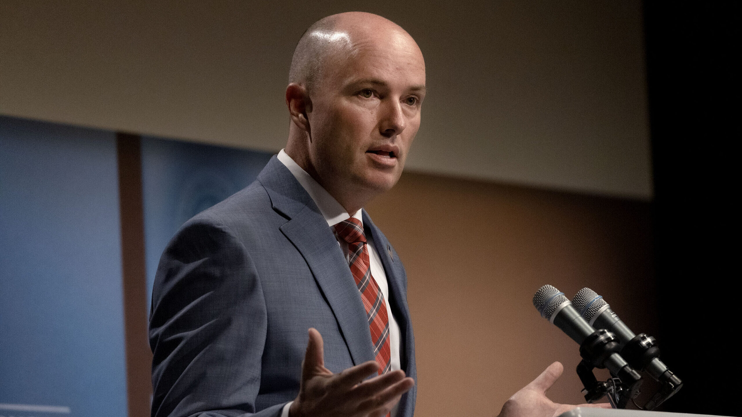 Image of Utah Gov. Spencer Cox at his monthly press briefing in Salt Lake City. Among the topics Co...