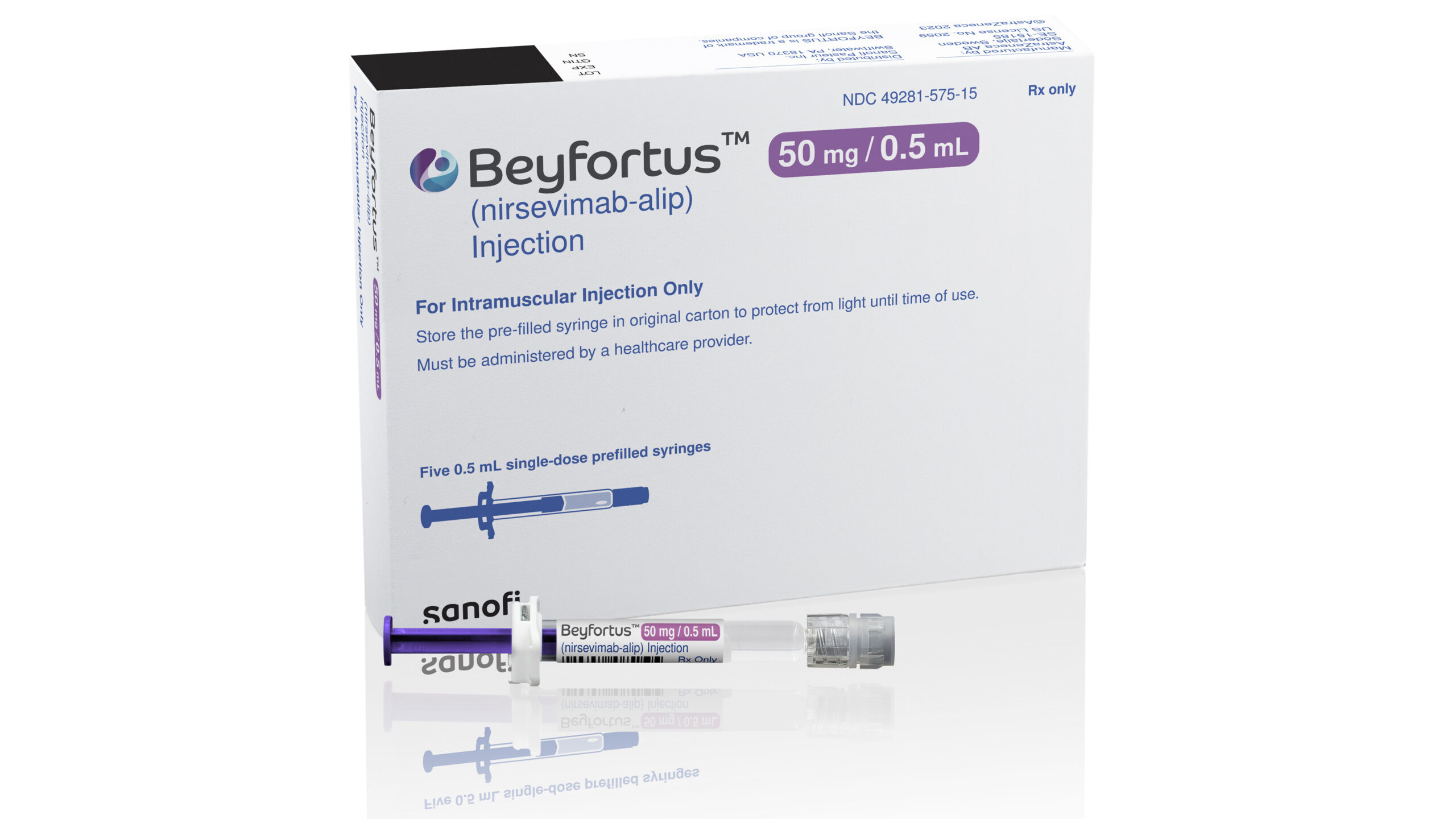 illustration provided by AstraZeneca depicts packaging for their medication Beyfortus....