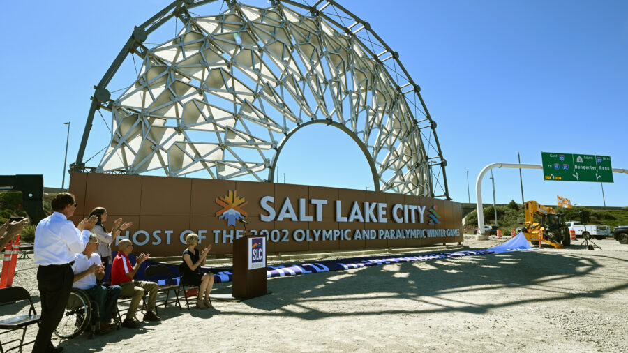 The Hoberman Arch from the 2002 Olympics in Salt Lake City has been installed and signage unveiled ...