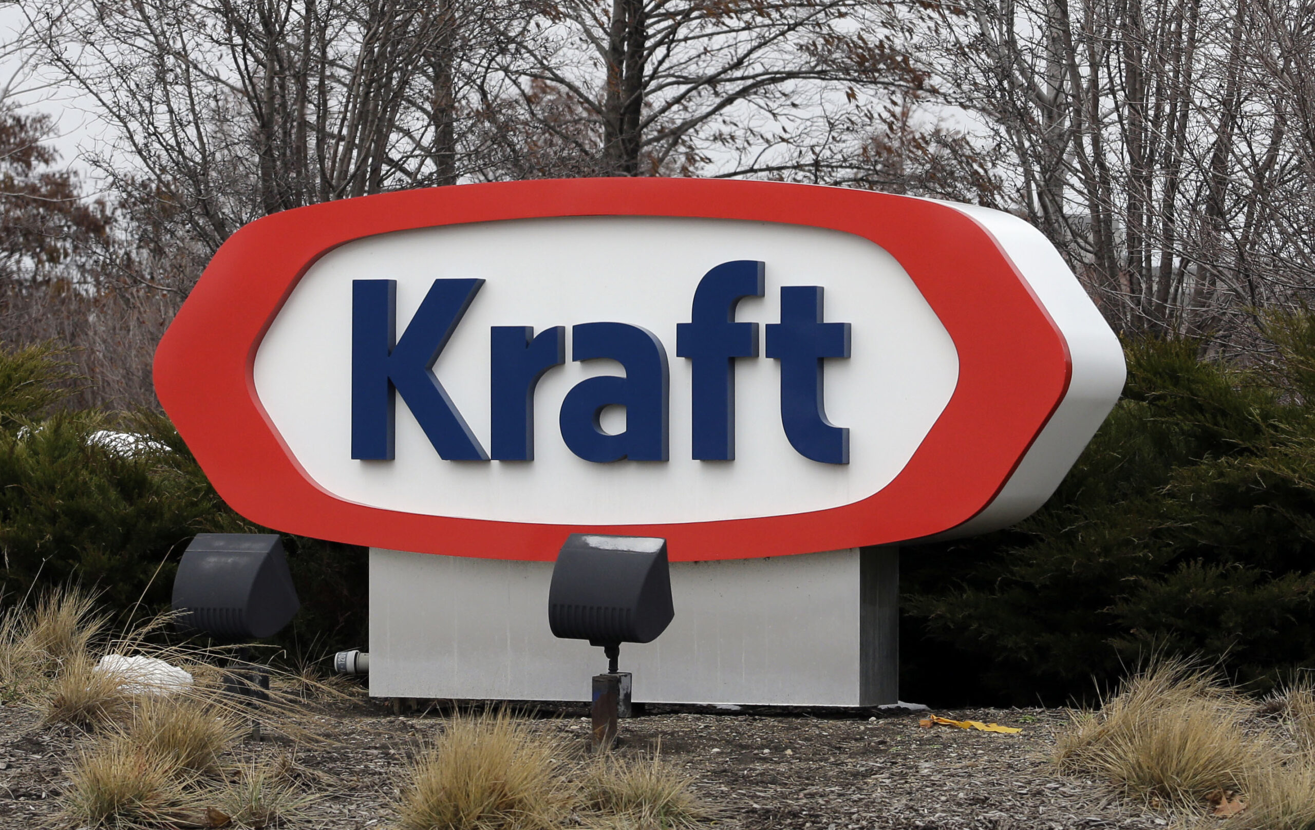 FILE - This March 25, 2015, file photo shows the Kraft logo outside of the company's headquarters i...