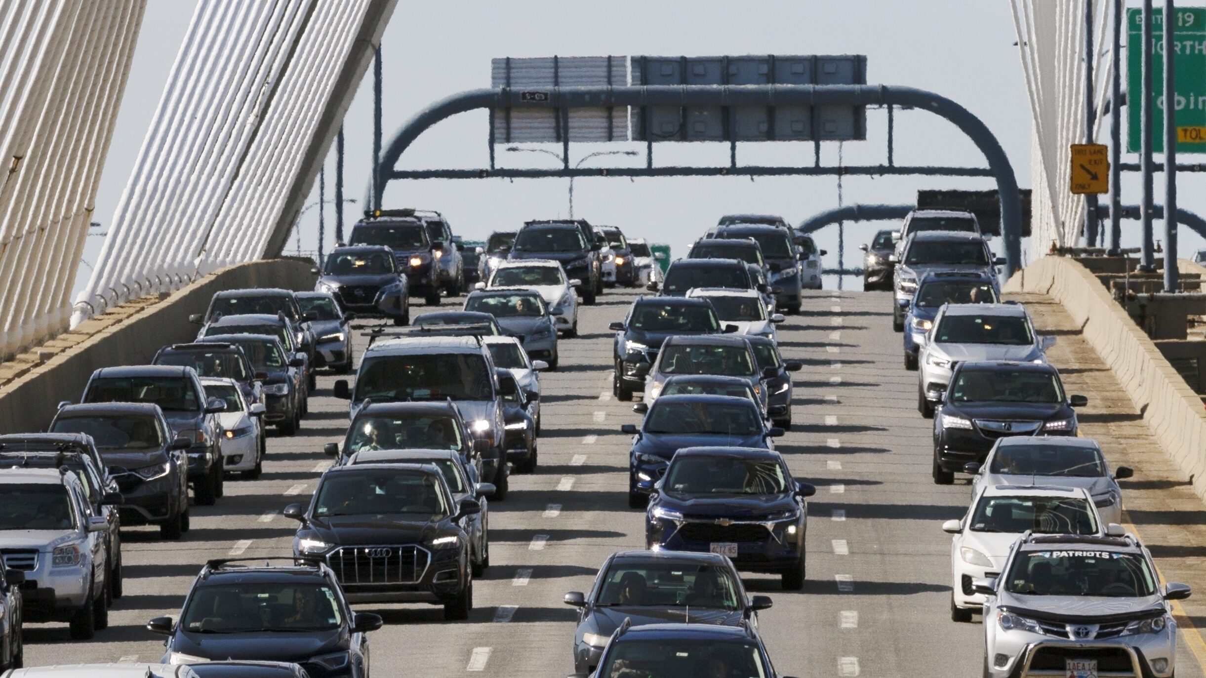 Image of heavy traffic heading south on Interstate 93 over the Zakim Bridge, Friday, Sep. 1, 2023, ...
