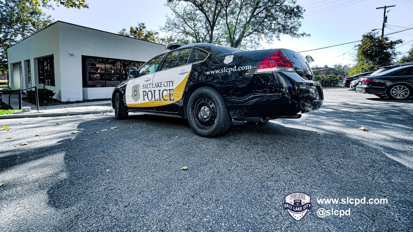 A Salt Lake City Police patrol car blocks the entrance to a credit union located at 769 East South ...