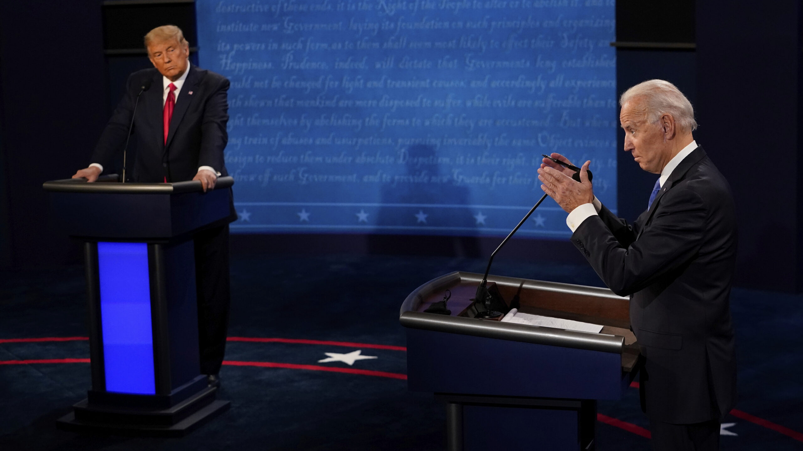 Image of President Biden and former president Trump debating ahdead of the 2020 election. The 3rd p...
