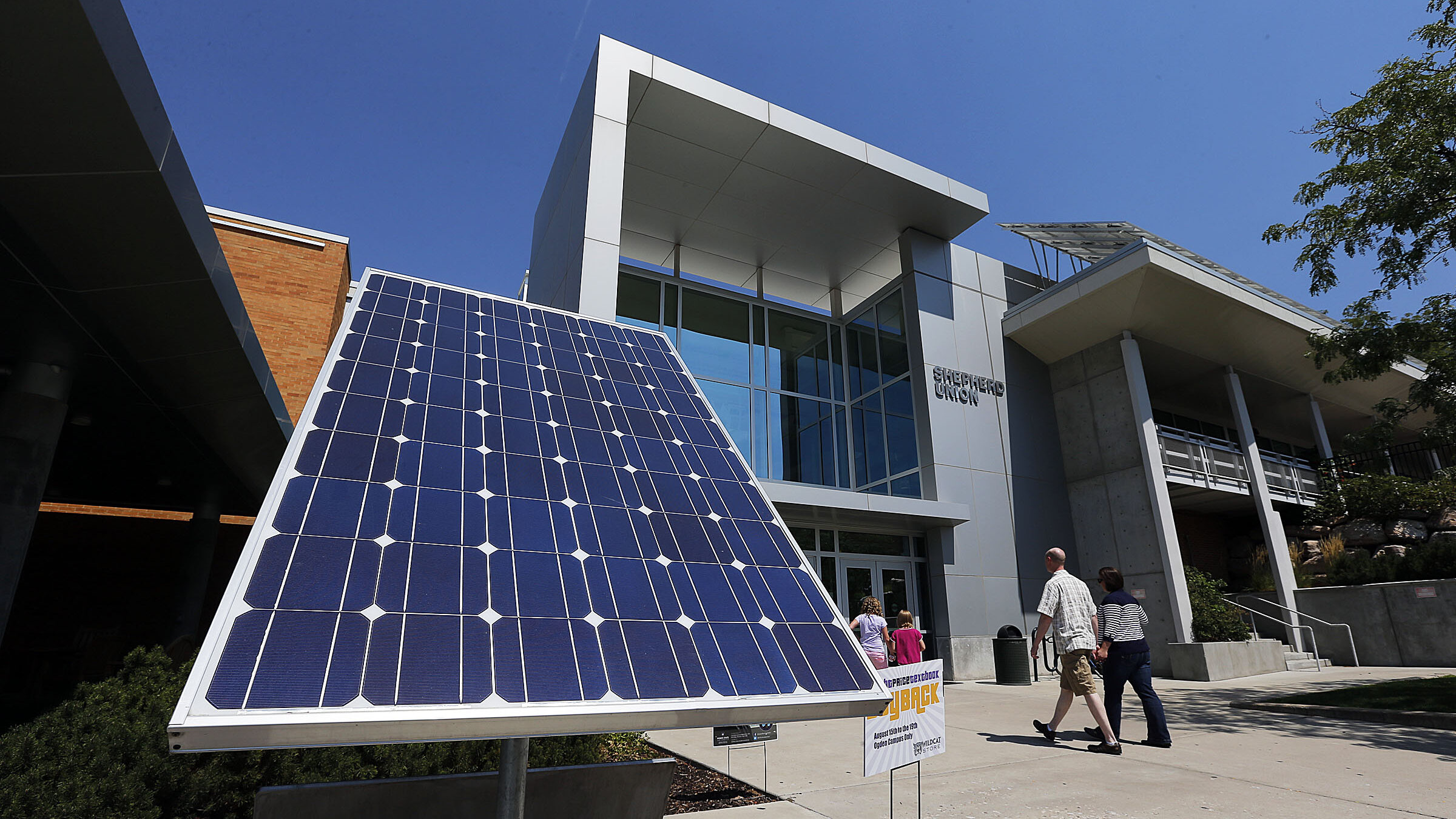 A solar panel at the entrance to the Shepherd Union Building at Weber State University is pictured....