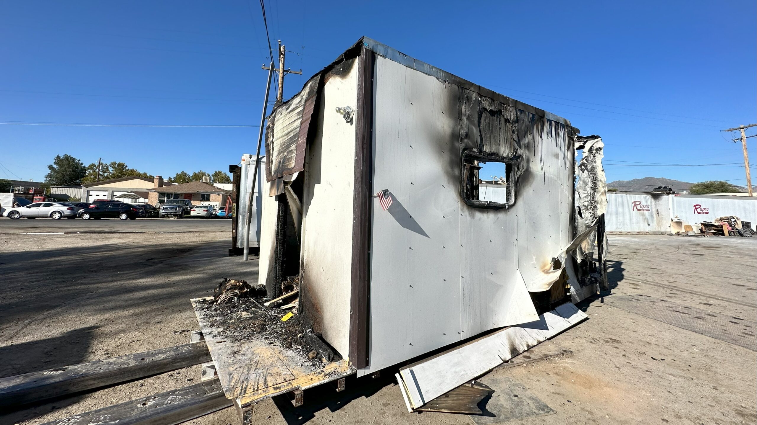 Image of a box trailer, the site of a fire in Millcreek that killed a man on Tuesday night....