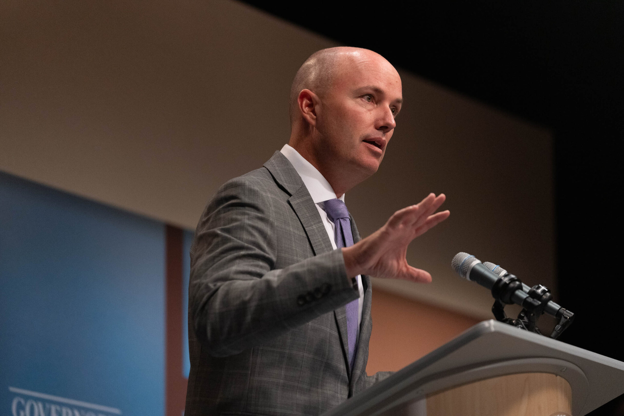 Image of Gov. Spencer Cox speaks at his monthly PBS news conference at the Eccles Broadcast Center ...
