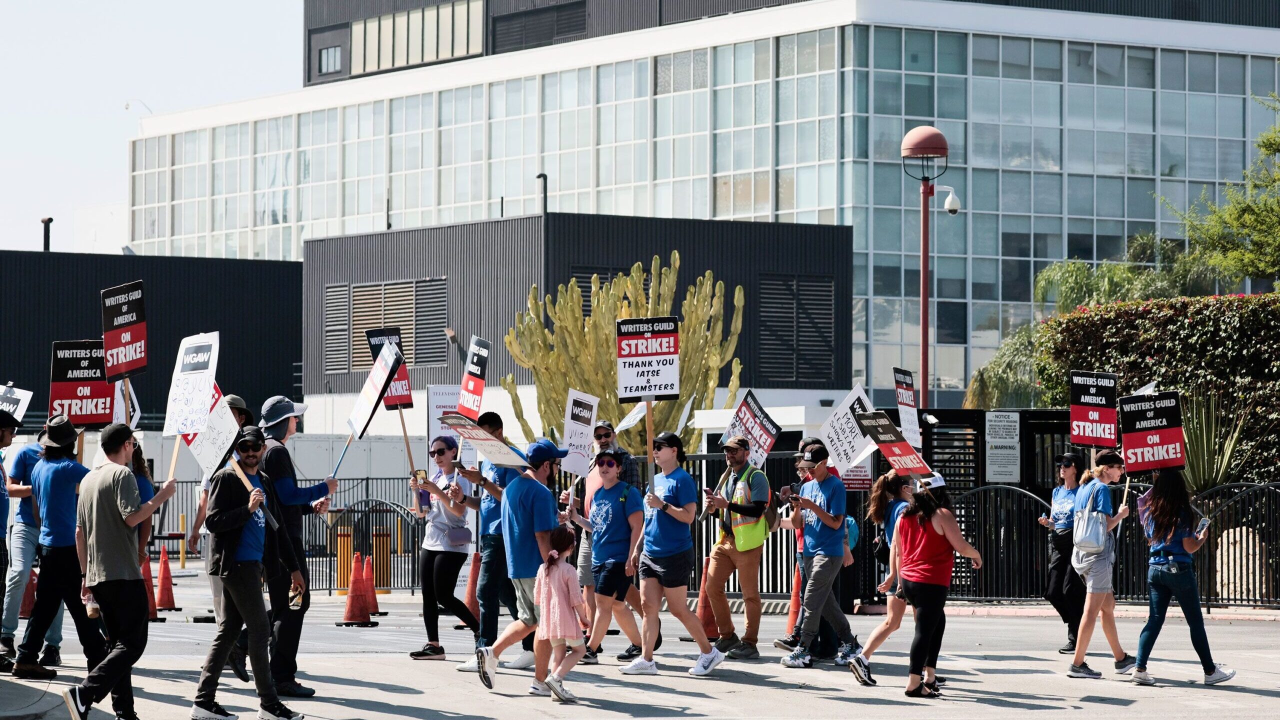 Hollywood, CA - September 24: Members of WGA picket in front of CBS Television City on Sunday, Sept...