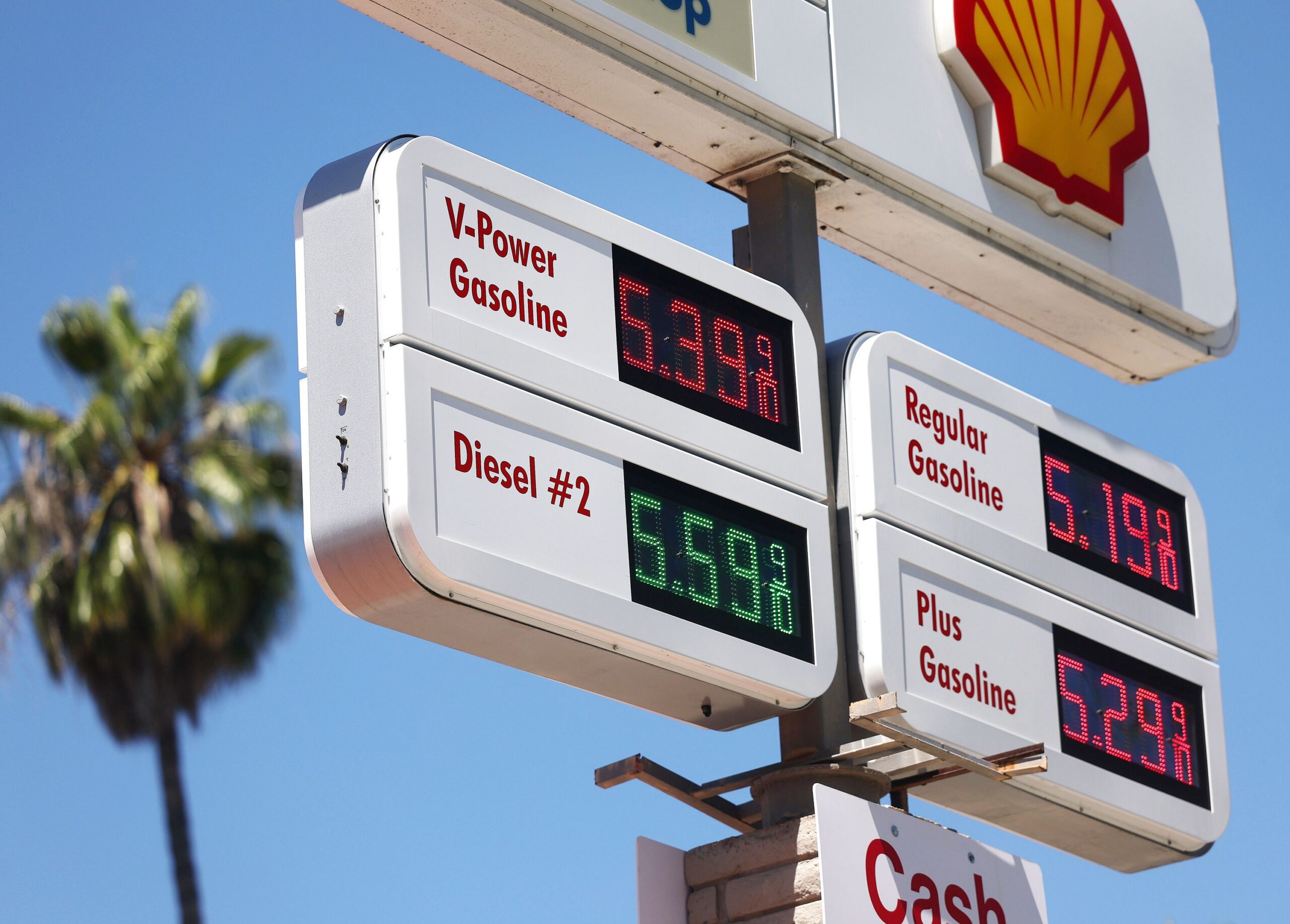 Gasoline prices are displayed at a Shell station ahead of the Labor Day weekend on August 28 in Wes...