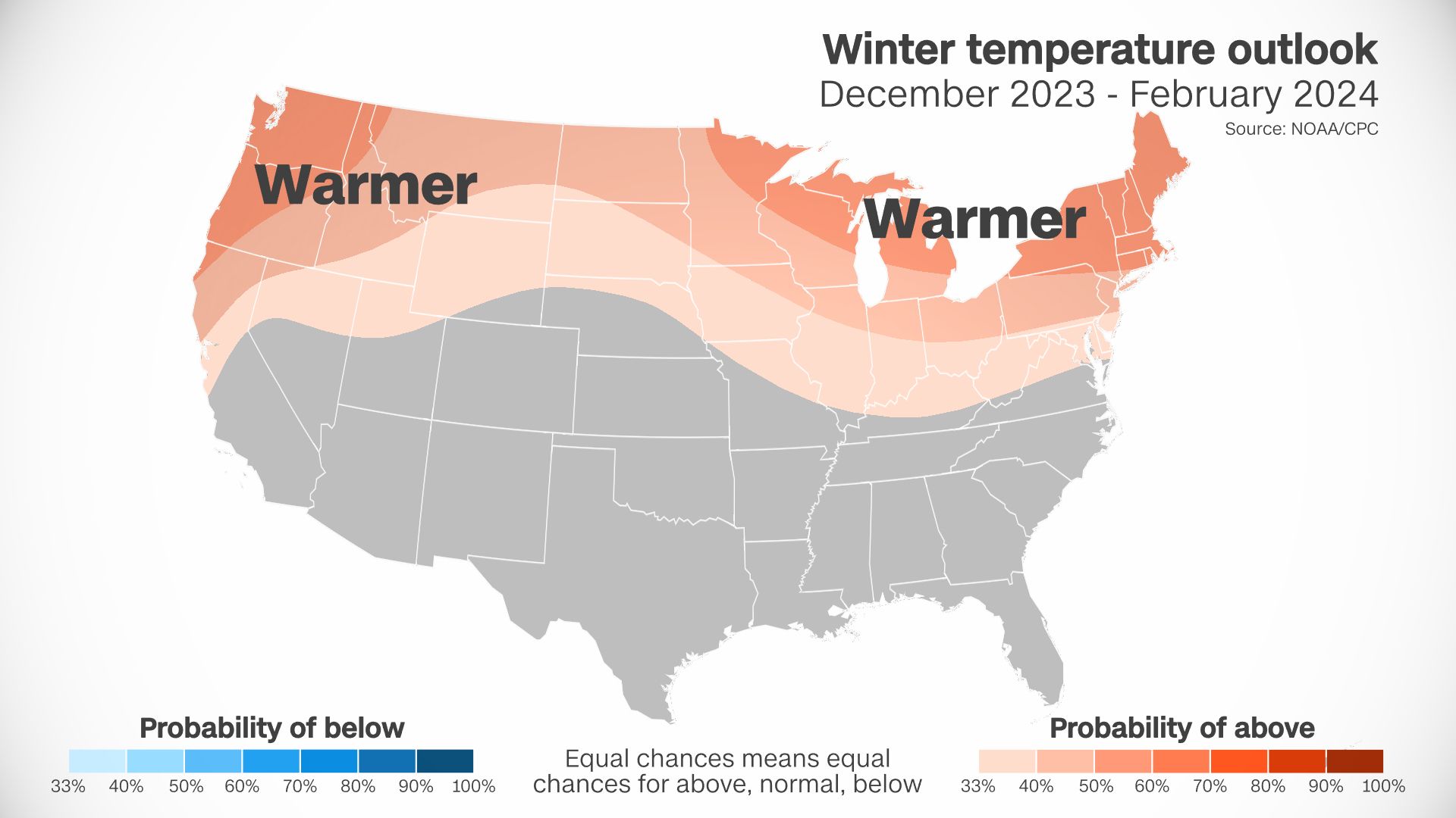 Note the highest chances for above normal temperatures in an outlook for this winter from the Clima...