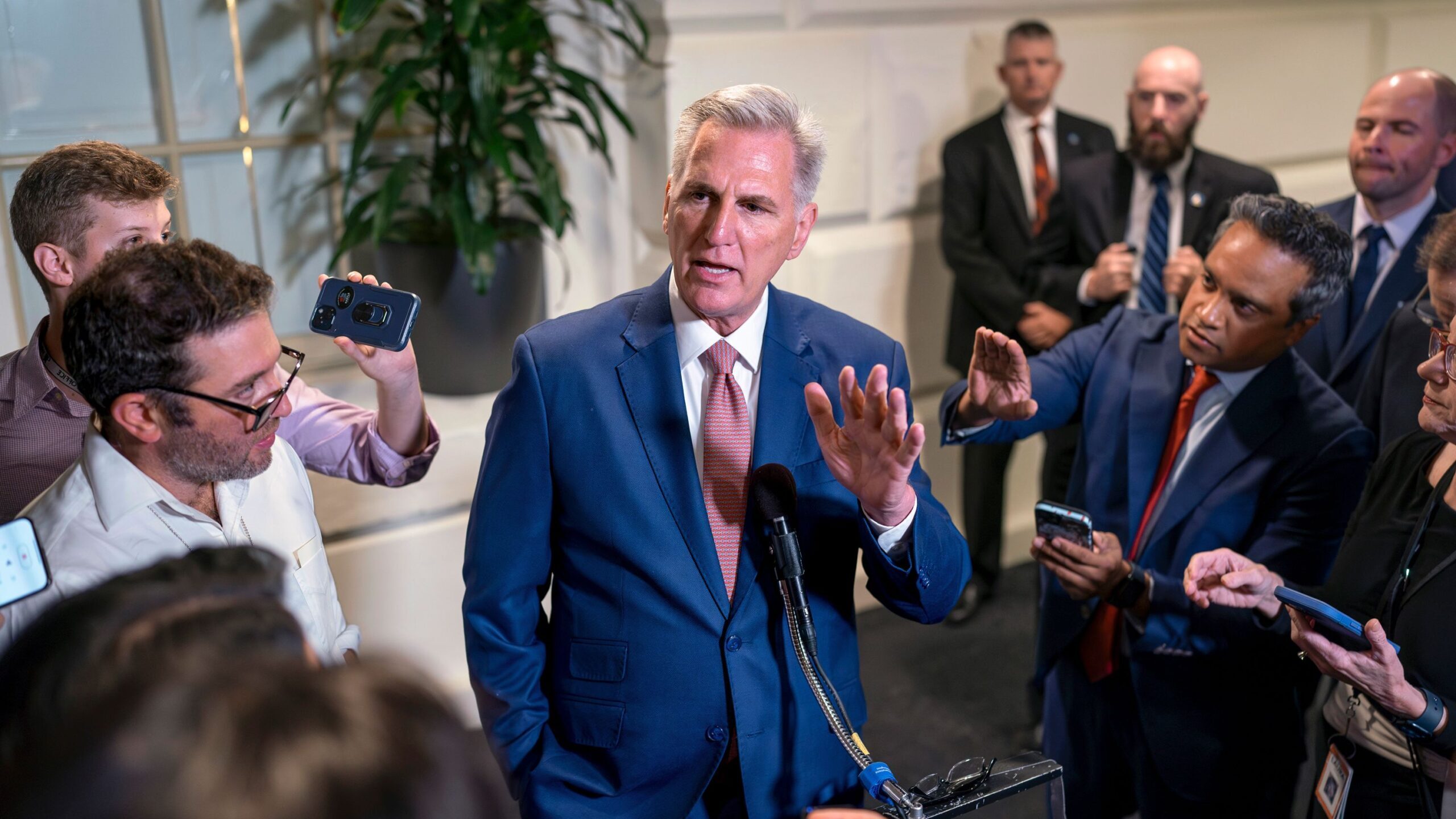 House Speaker Kevin McCarthy talks to reporters following a closed-door meeting with fellow Republi...