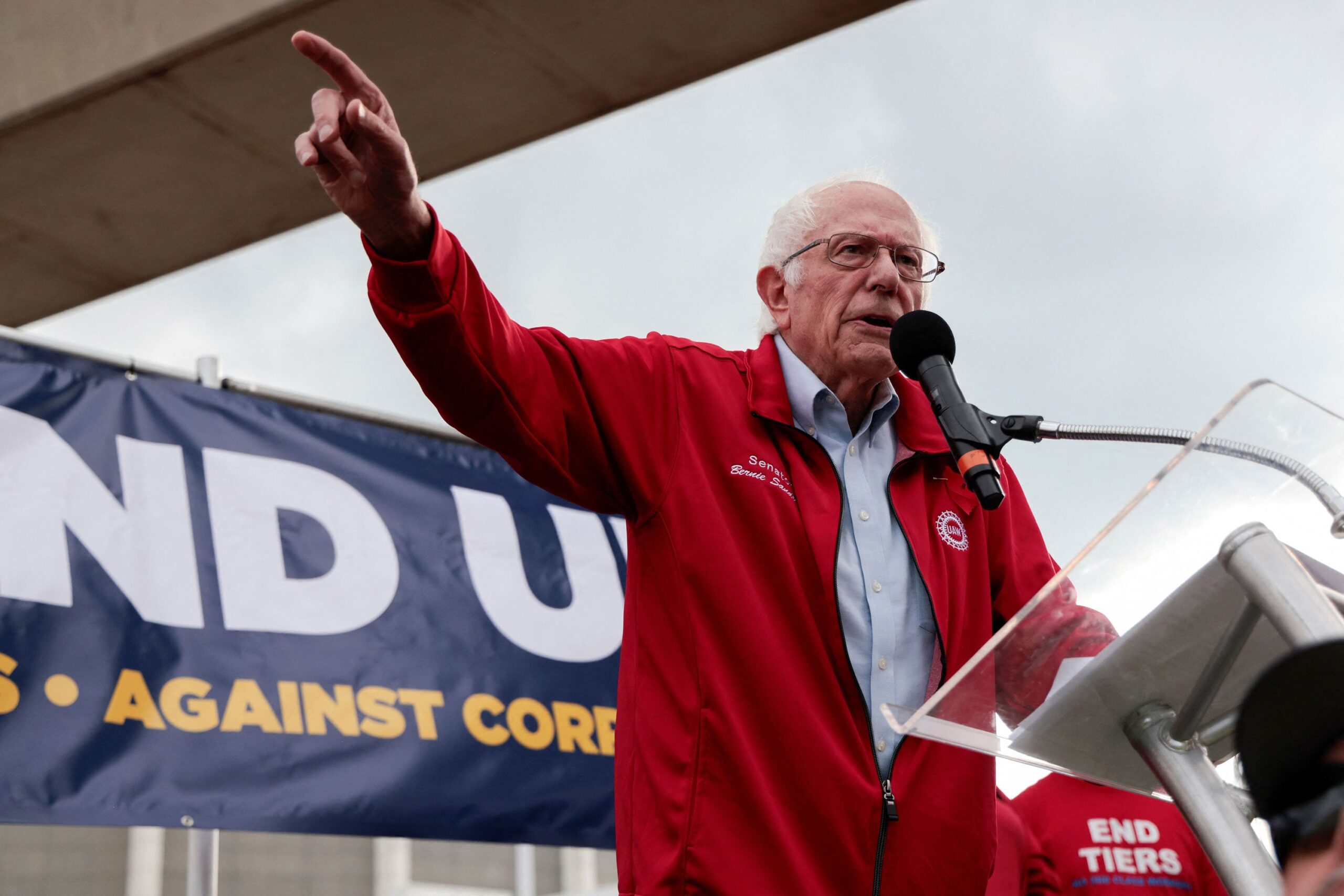 Senator Bernie Sanders addresses the audience during a rally in support of striking United Auto Wor...