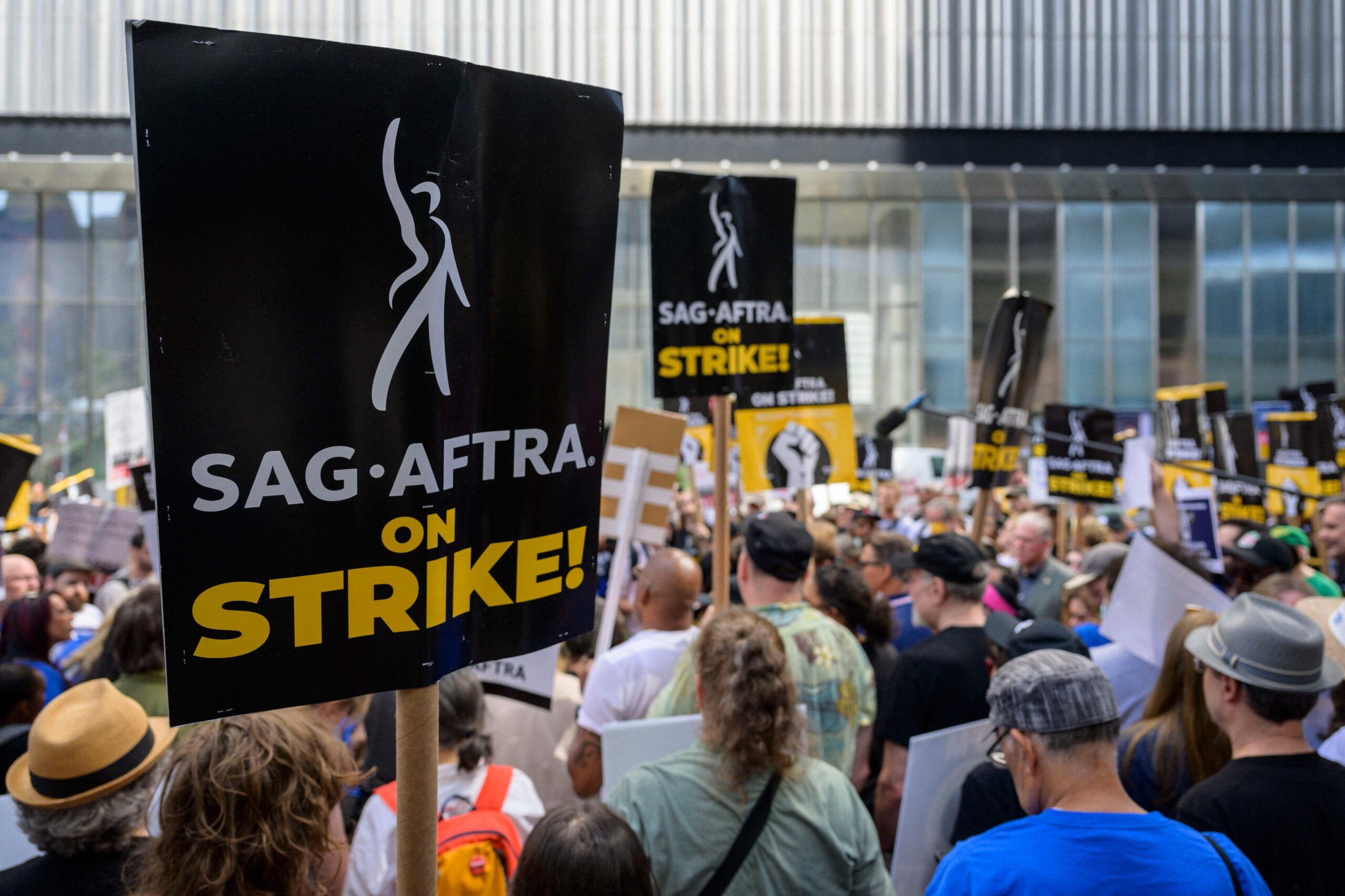 Actors, writers, and other union members join SAG-AFTRA and WGA strikers on a picket line in New Yo...
