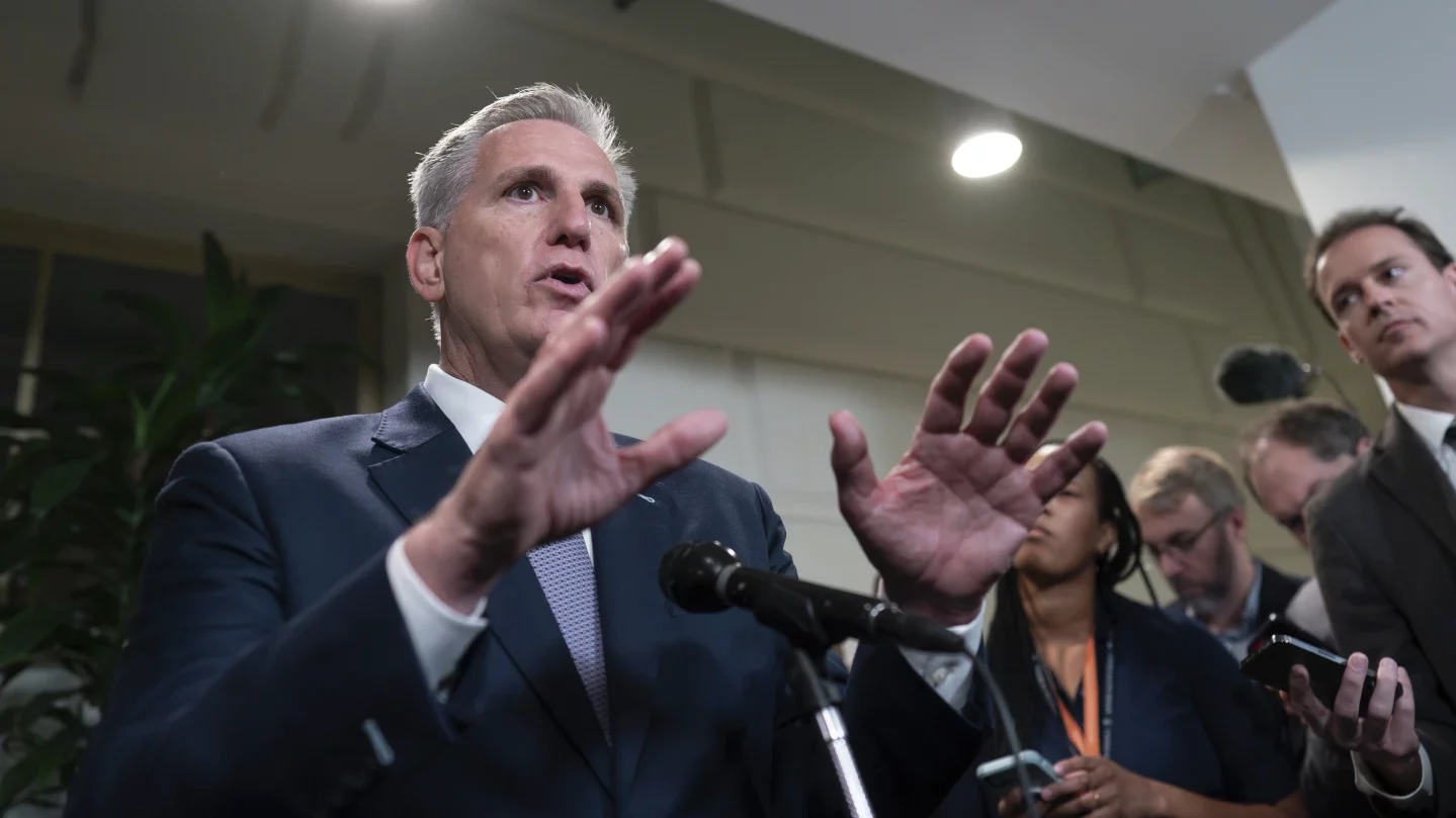 Speaker of the House Kevin McCarthy, R-Calif. talks to reporter following a closed door meeting wit...