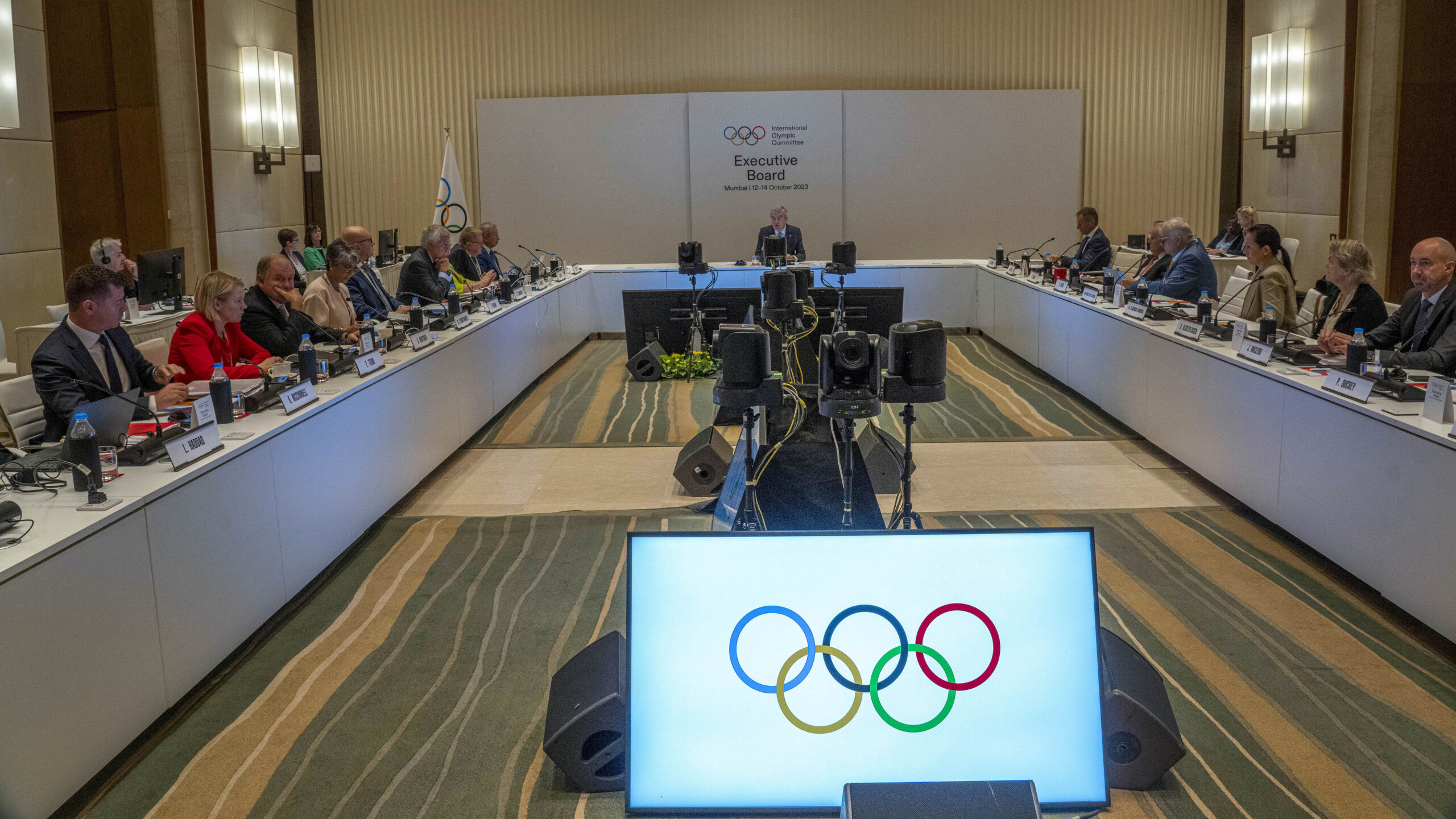 International Olympic Committee (IOC) president Thomas Bach, centre, speaks on the first day of the...