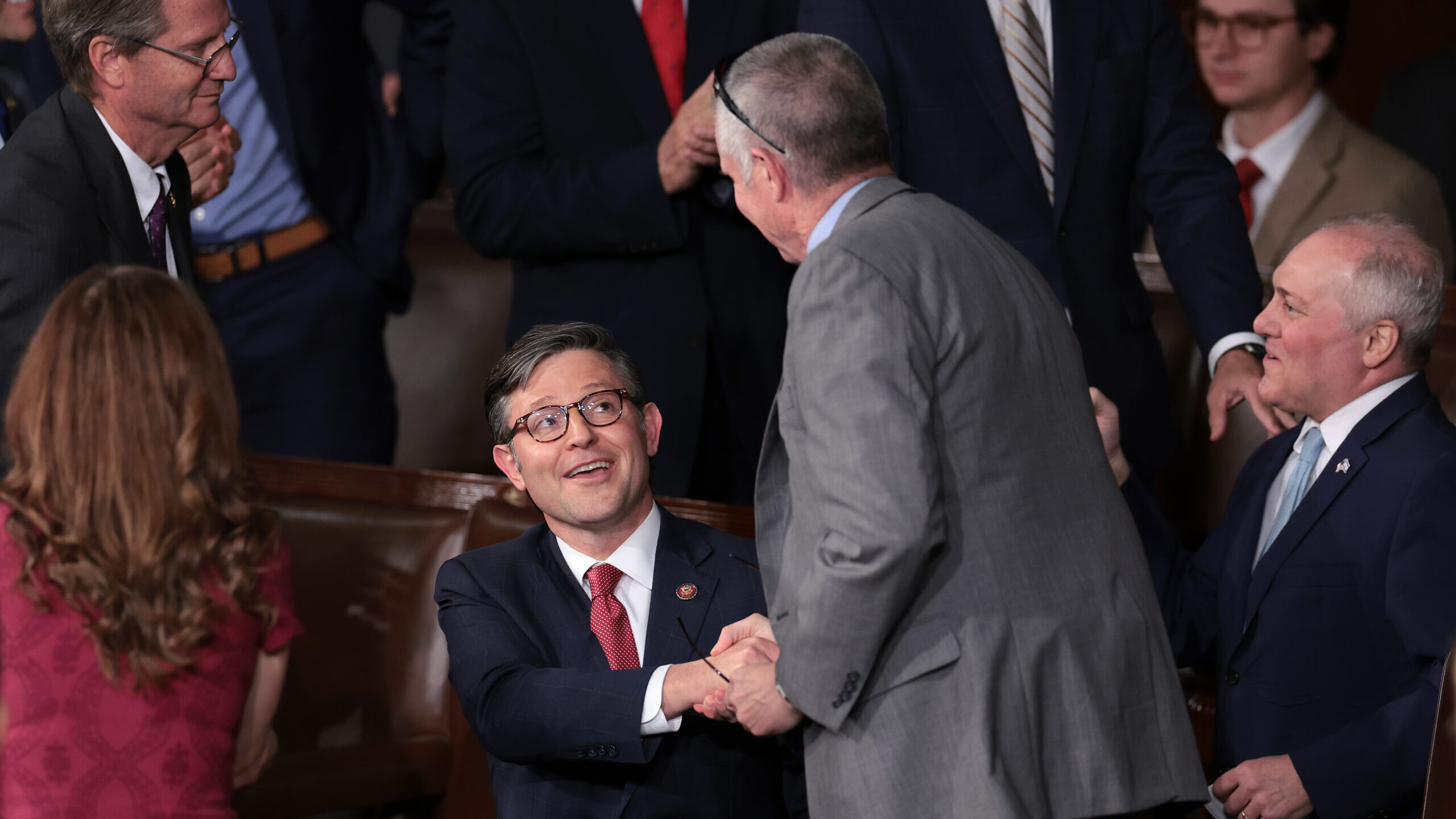 House Republicans shake hands with newly elected Speaker of the House Mike Johnson (R-LA) after the...