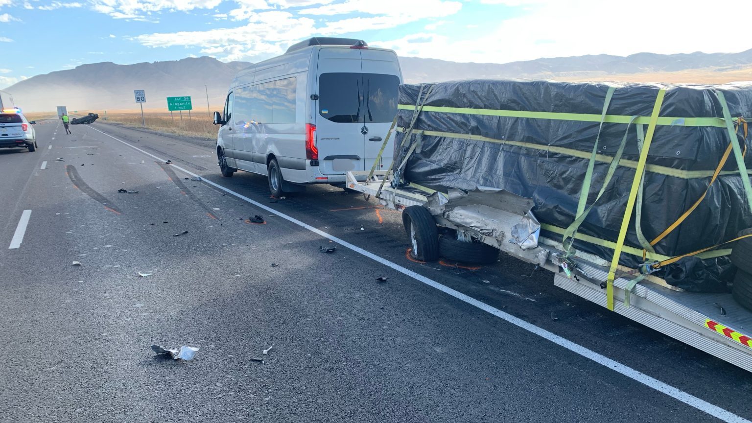 The trailer that was struck by a car that then killed the driver of the van in collision on I-80.