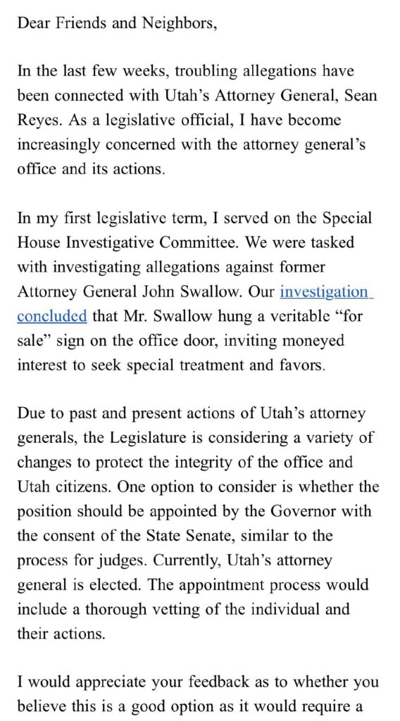 Sen. Mike McKell is gauging his constituents' opinion about making the office of Utah Attorney General an an appointed, instead of elected, office.