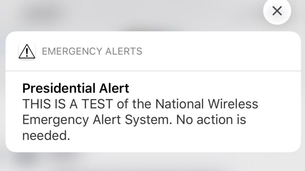 A screenshot of an emergency alert test message on an iOS device....