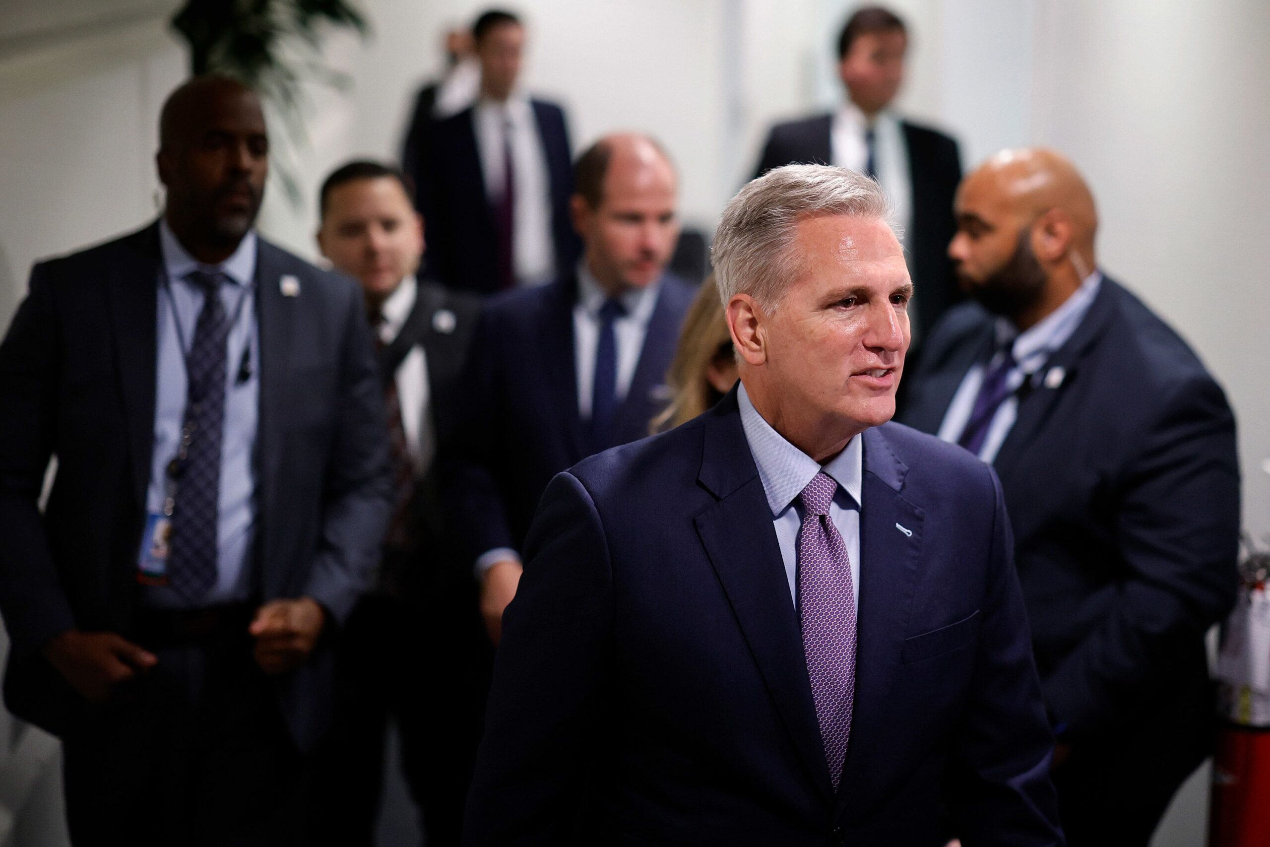 Speaker of the House Kevin McCarthy departs a House Republican conference meeting in the Capitol on...