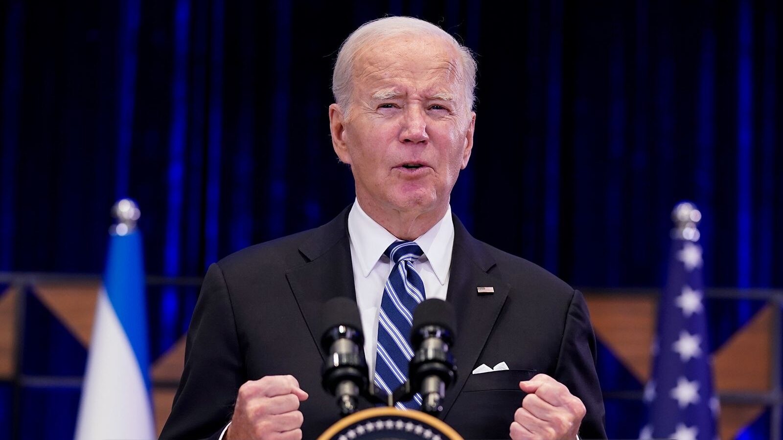 President Joe Biden delivers remarks on the war between Israel and Hamas after meeting Israeli Prim...
