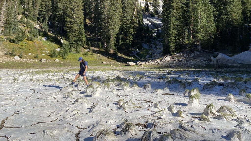 Hiker walking on white crust in canyon...