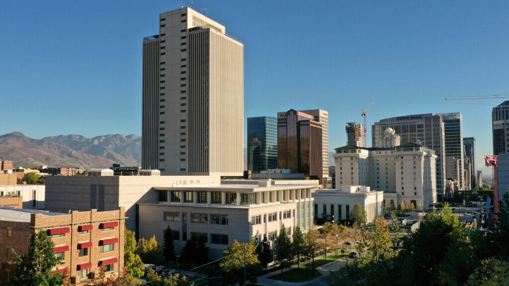 The Kimball at Temple Square, left, is pictured in downtown Salt Lake City on Monday, Oct. 16, 2023...