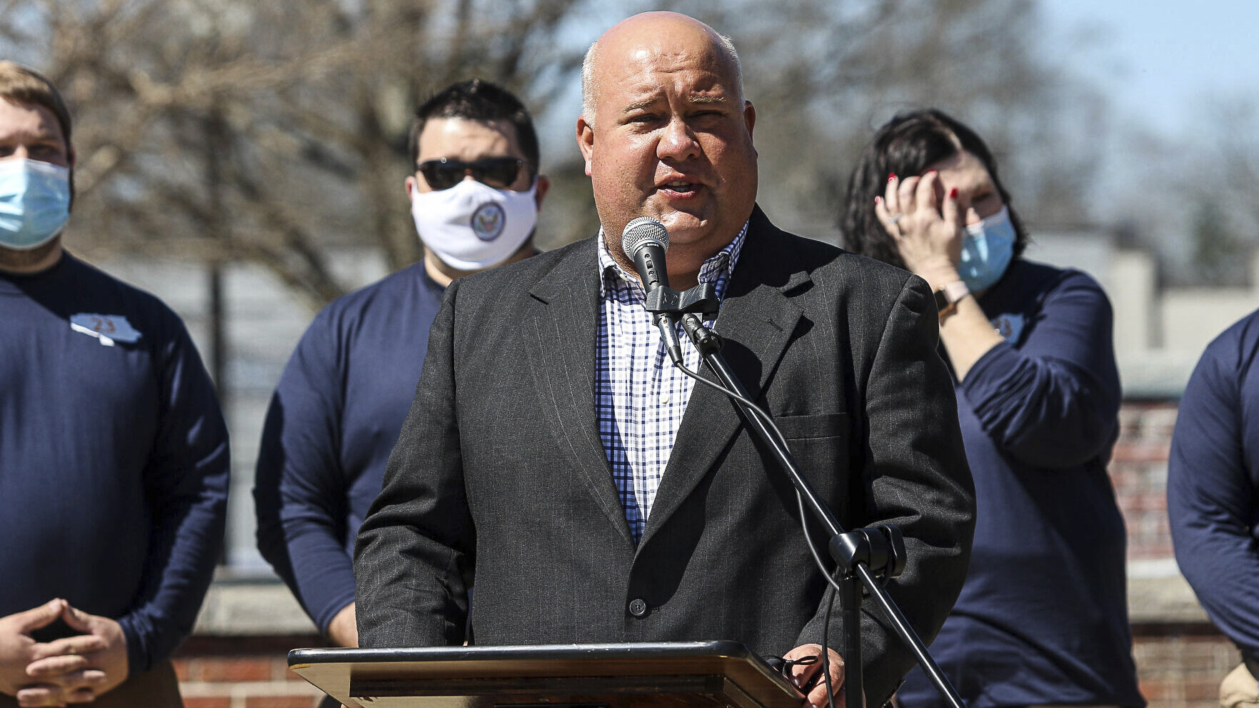 FILE - Smiths Station Mayor Bubba Copeland speaks during the Wednesday, March 3, 2019, tornado reme...