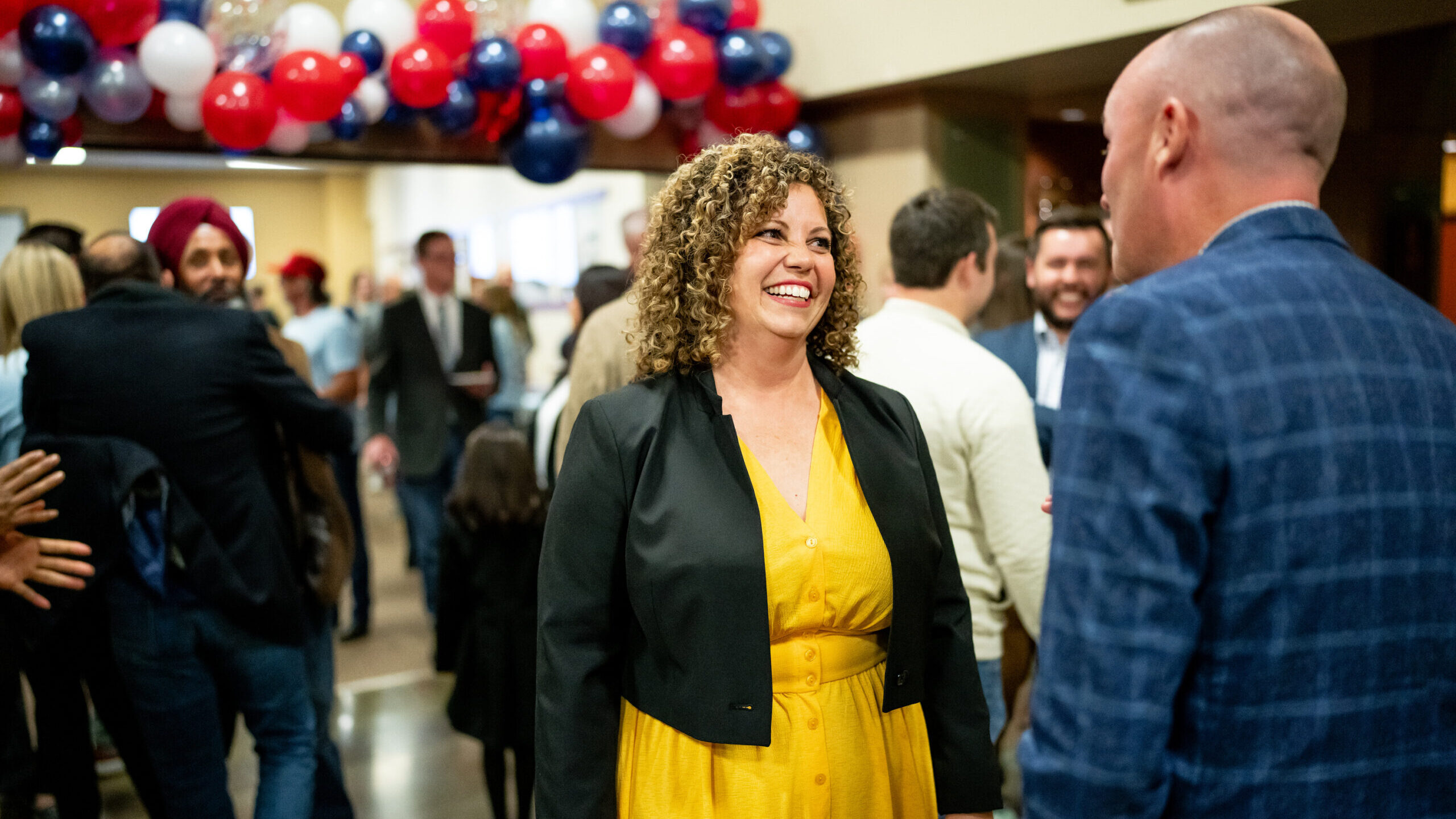 Celeste Maloy talks with Gov. Spencer Cox at an election night party at the Utah Trucking Associati...