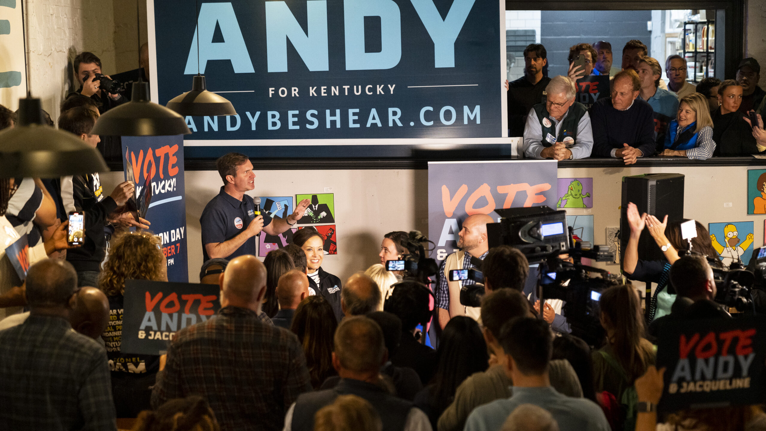 Incumbent Democratic Governor of Kentucky Andy Beshear speaks to a crowd on his last campaign stop ...