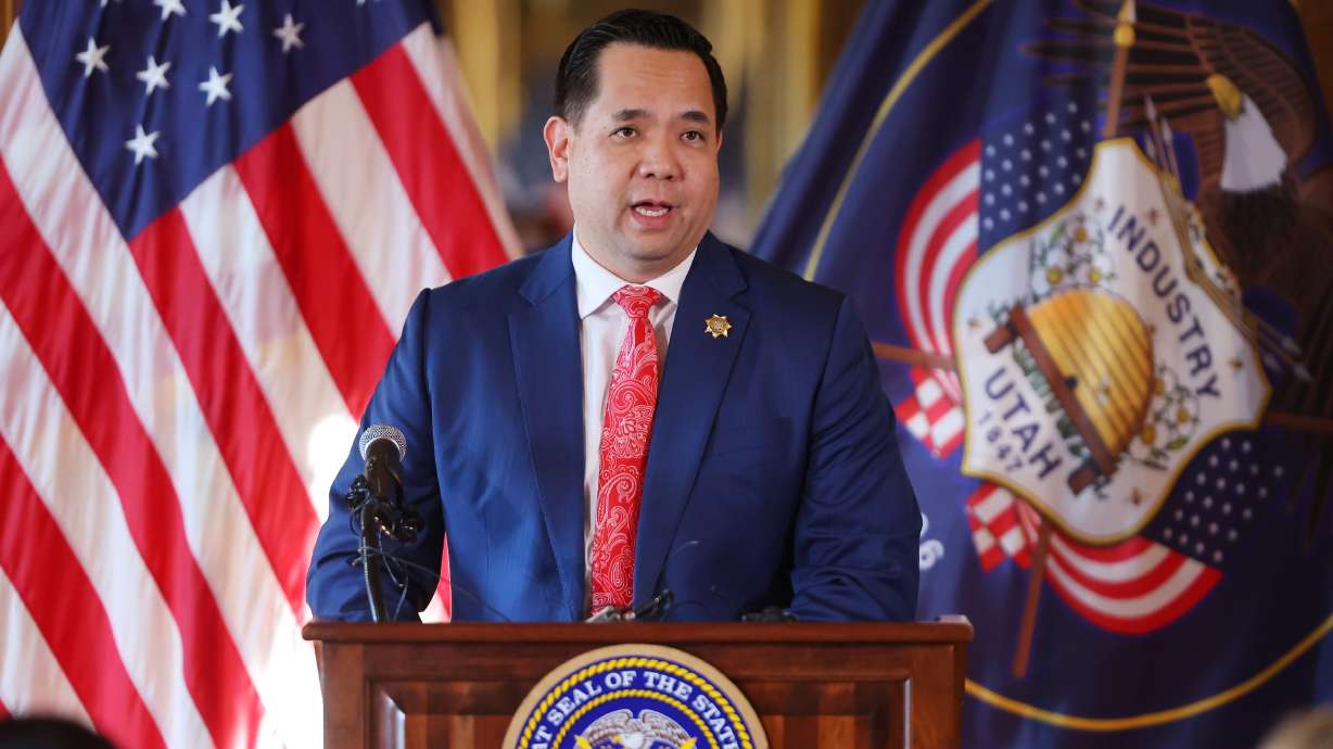 Utah Attorney General Sean Reyes speaks in the Gold Room at the Capitol on Jan. 23. An amended laws...