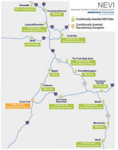 UDOT map showing location of proposed EV charging stations.