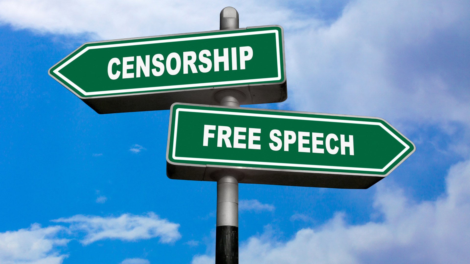 Two street signs pointing in opposite directions. One reads "censorship" and the other reads "free ...