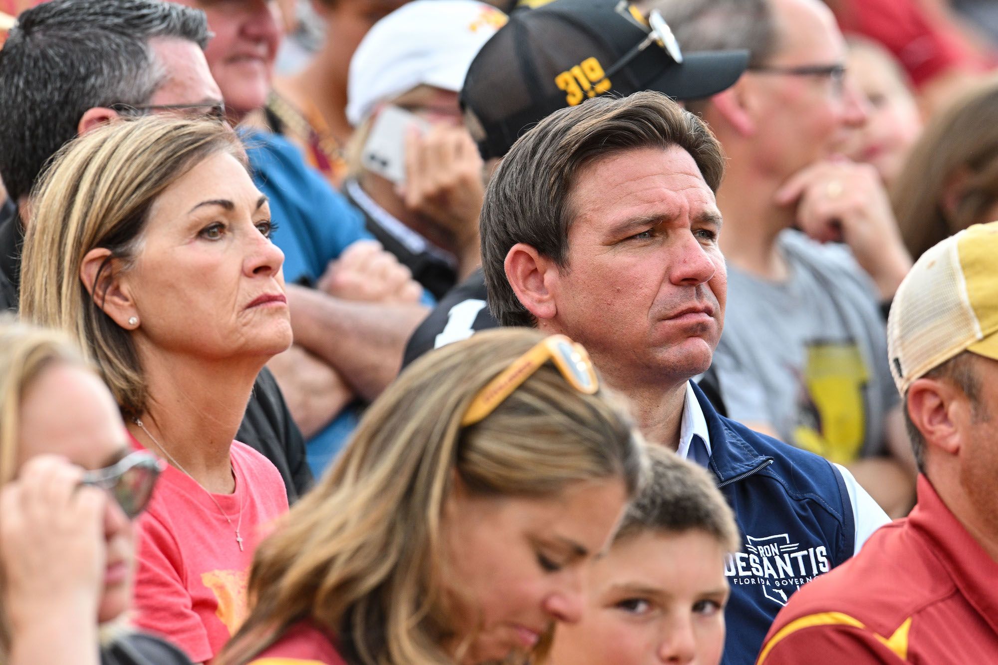 Florida Gov. Ron DeSantis and Iowa Gov. Kim Reynolds are pictured here in Ames, Iowa, on September ...