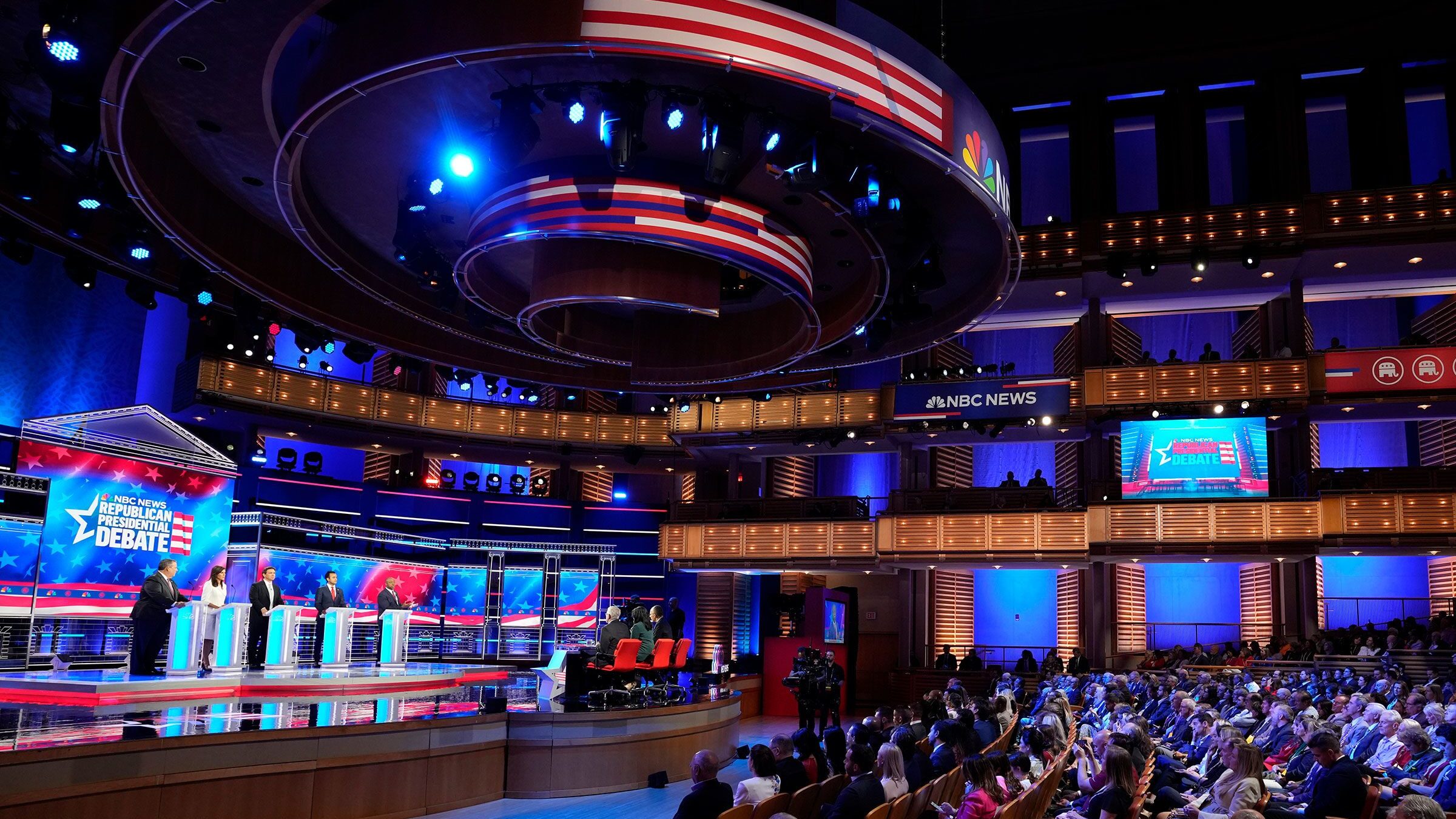 Republican presidential candidates participate in a Republican presidential primary debate hosted b...