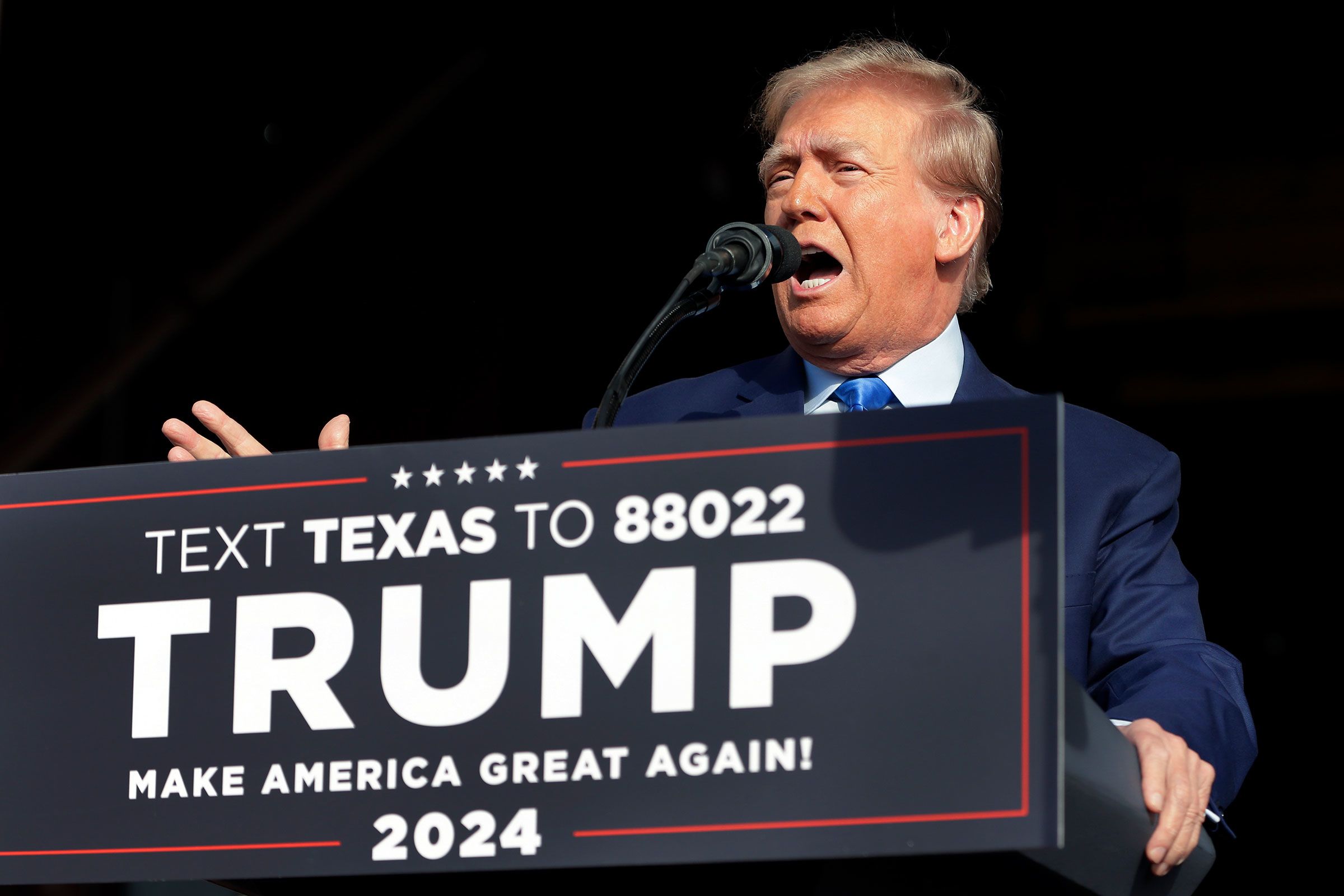 Former President Donald Trump speaks at a campaign event in Houston on November 2, 2023. (Michael W...