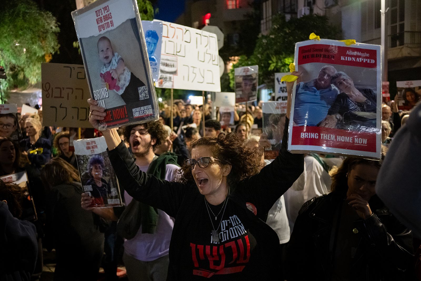 Parents and relatives of children kidnapped on October 7 hold a demonstration in Tel Aviv. (Alexi J...