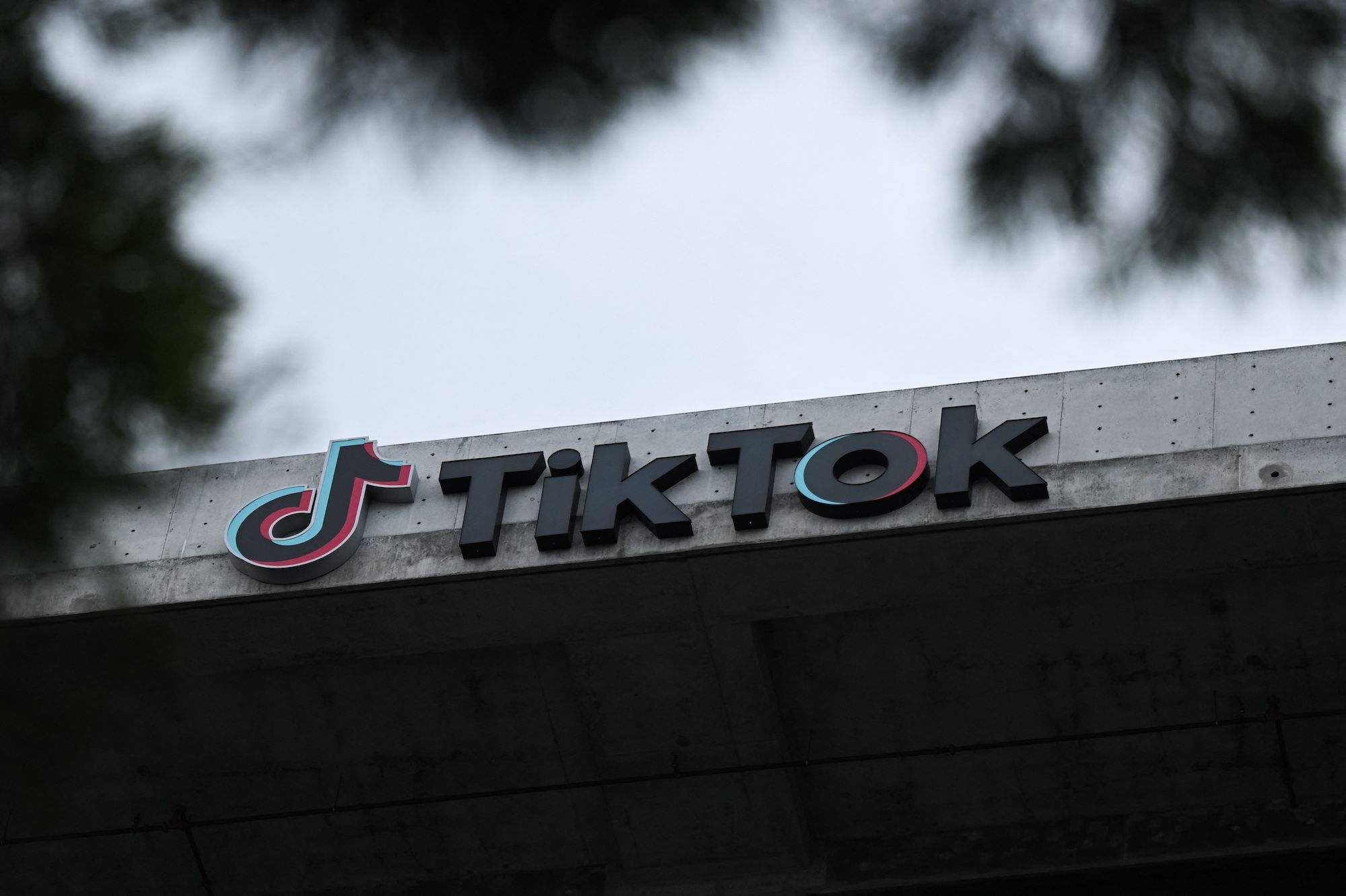 The TikTok logo is displayed on signage outside TikTok social media app company offices in Culver C...