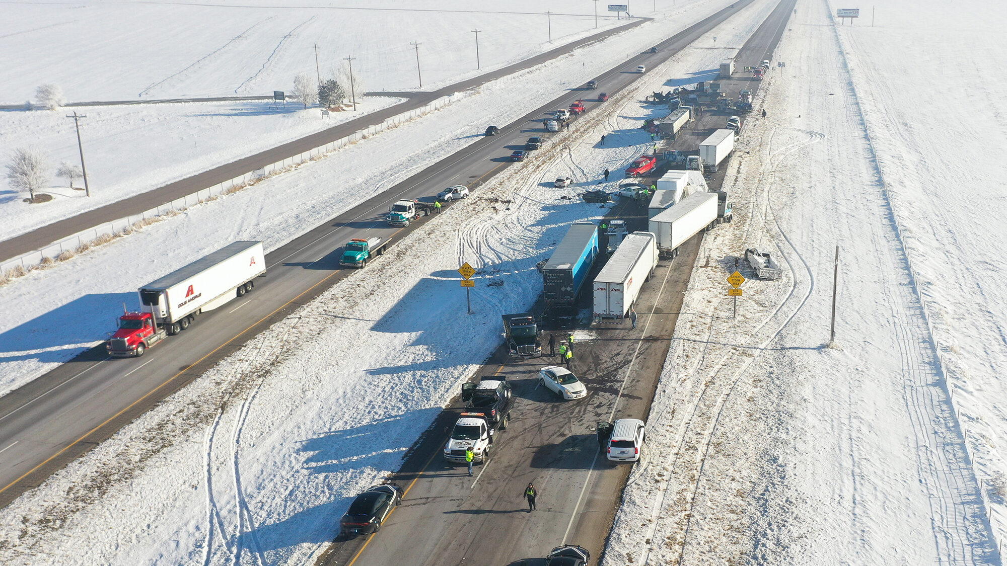 Aerial view of a 30-vehicle crash on eastbound I-86 west of Pocatello on Monday morning. The crash ...