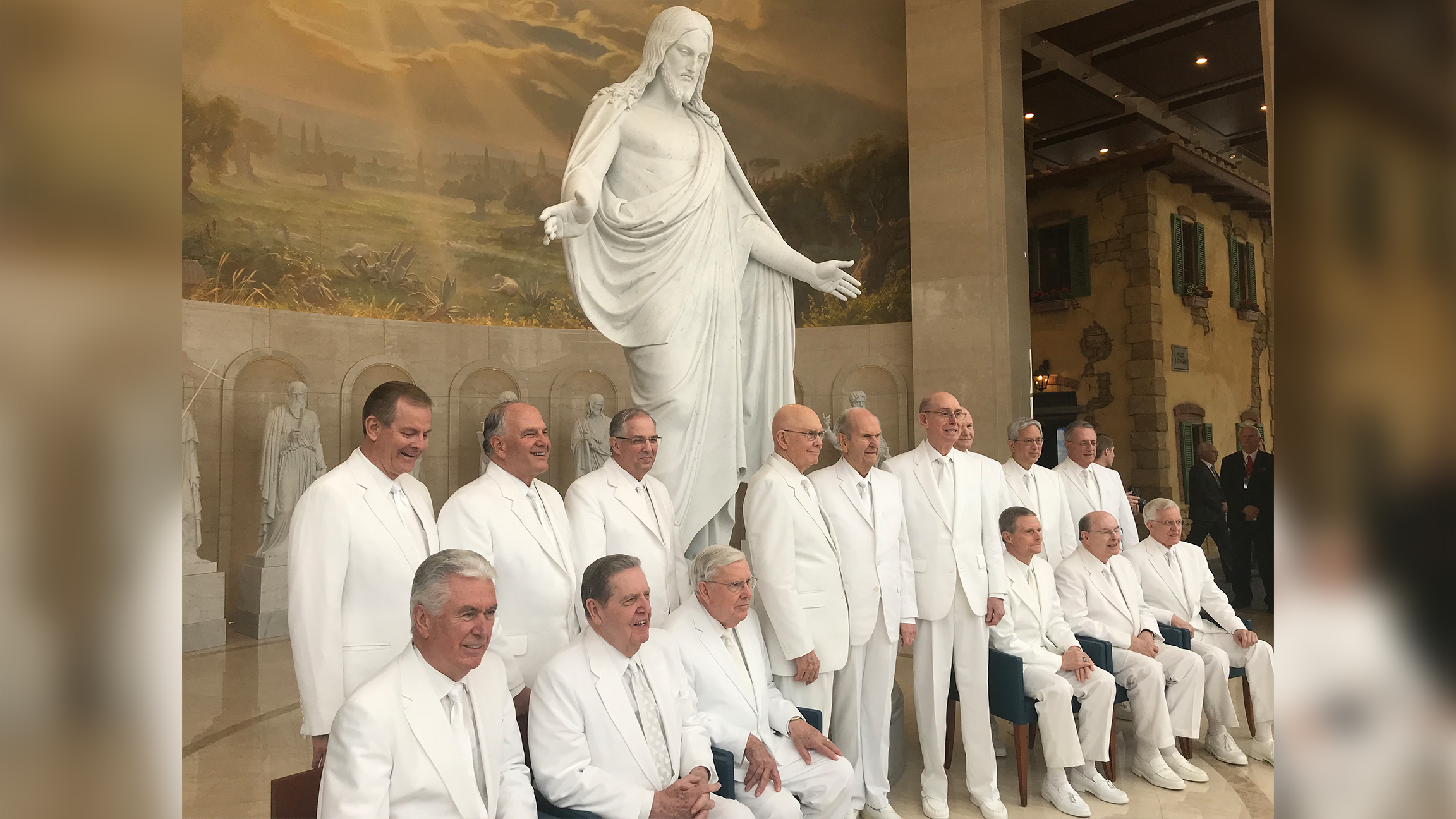 Latter-day Saint President M. Russell Ballard and the Quorum of the Twelve Apostles in Rome in 2019...