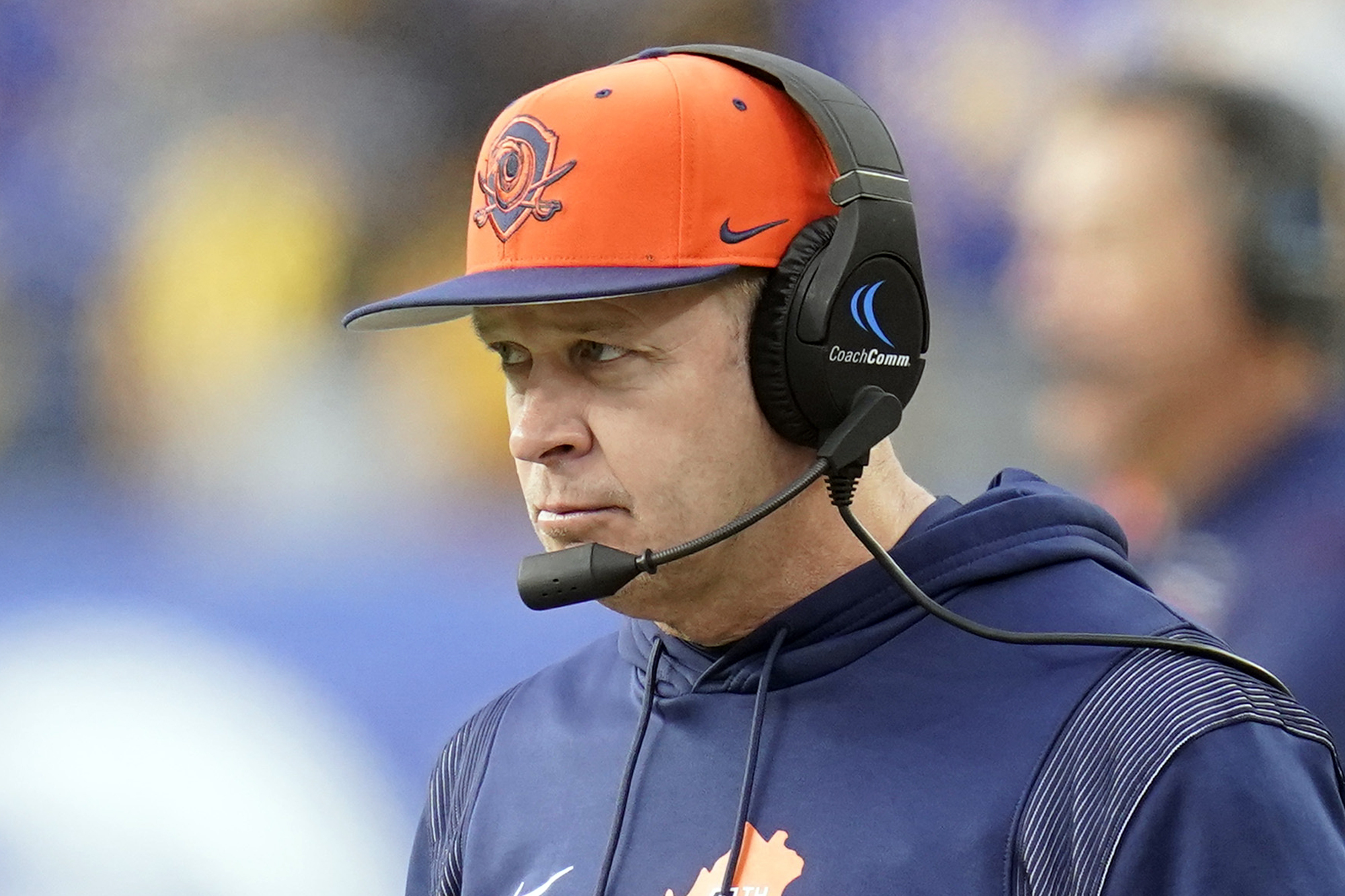 FILE - Virginia head coach Bronco Mendenhall watches from the sideline during an NCAA college footb...