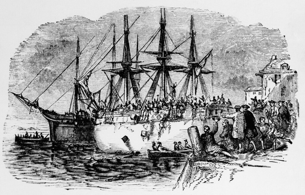 The Boston Tea Party of 1773, is depicted in an undated engraving.