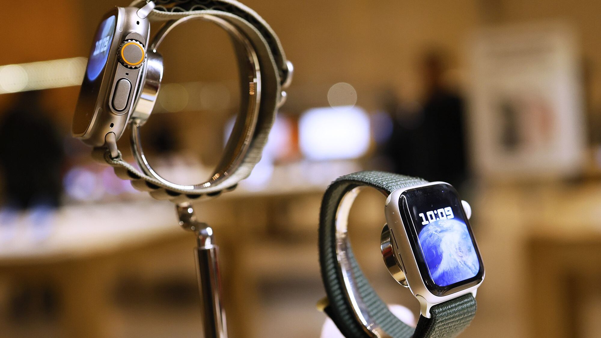 Image of Apple Watches. A federal appeals court has temporarily blocked a sweeping Apple Watch impo...