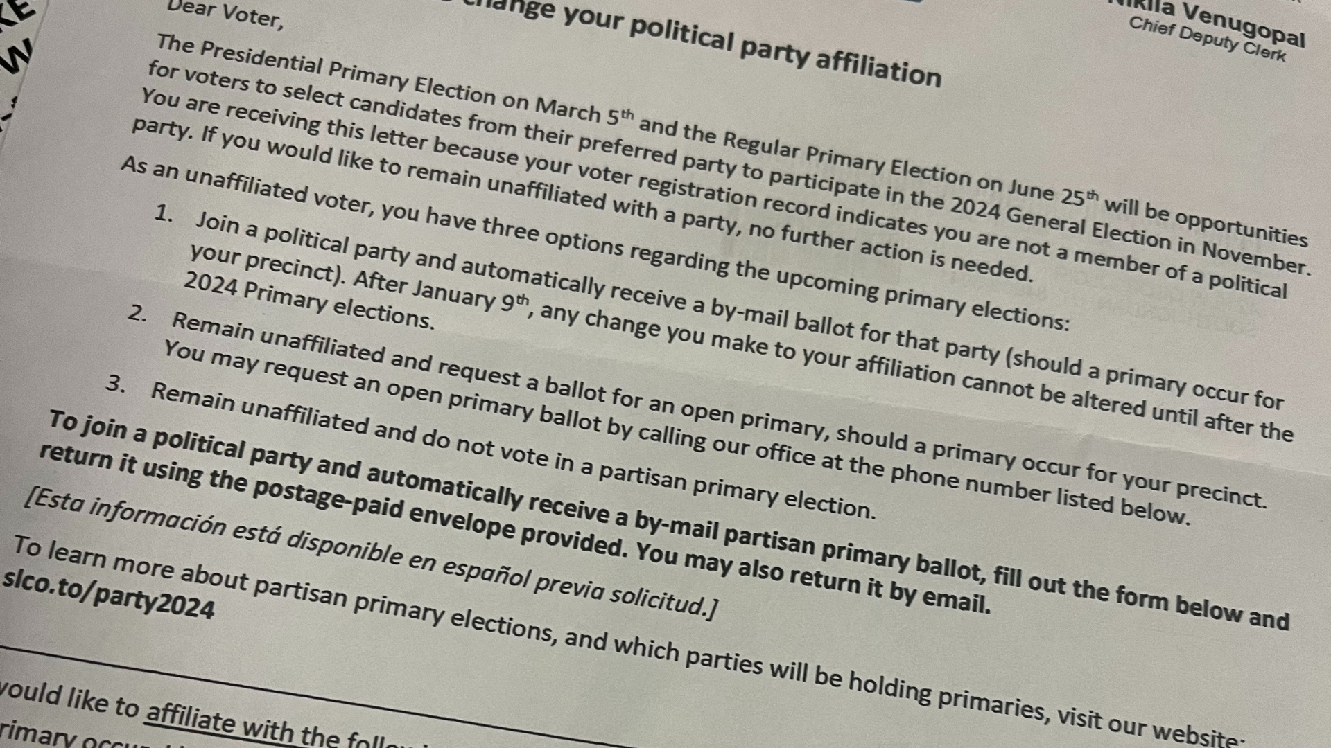 A letter sent to a voter unaffiliated with a party....