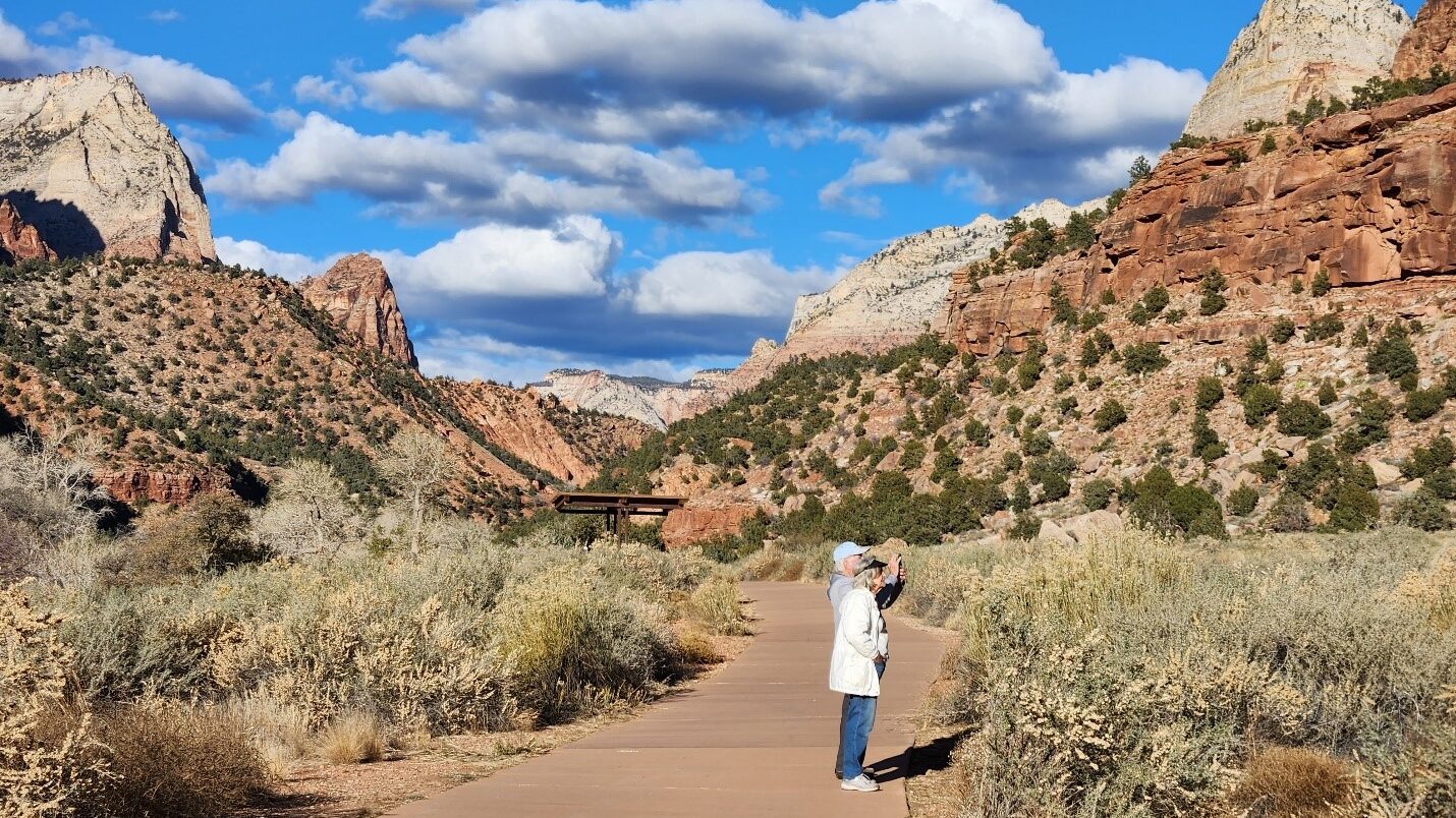 Image of visitors viewing wildlife on Pa’rus Trail on Dec. 20, 2023 in Zion National Park, which ...