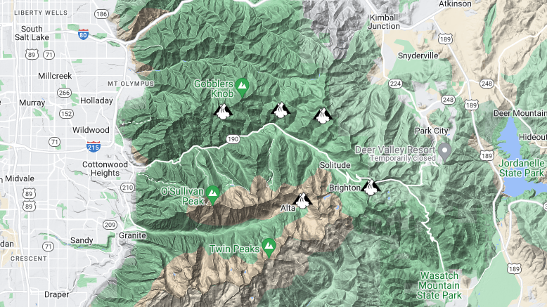 Google Maps view of the location of five recent avalanches along the Wasatch Front and Back - Utah ...