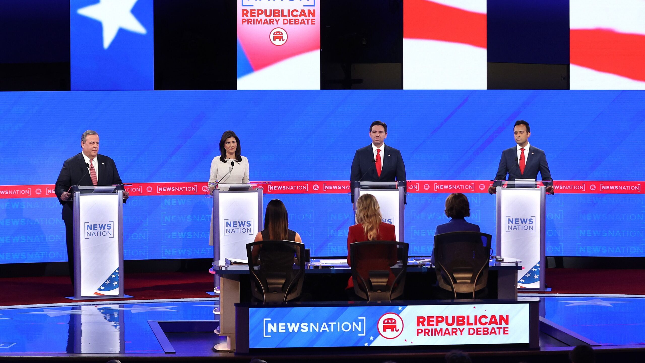 From left, Republican presidential candidates Chris Christie, Nikki Haley, Ron DeSantis and Vivek R...